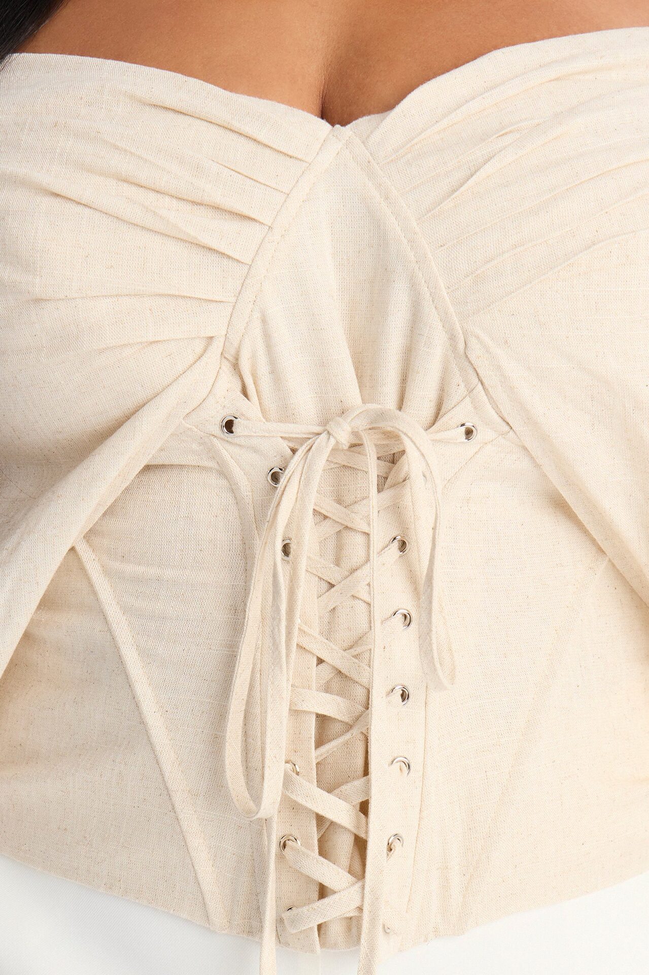 Her Era Off Shoulder Lace Up Linen Corset - Beige