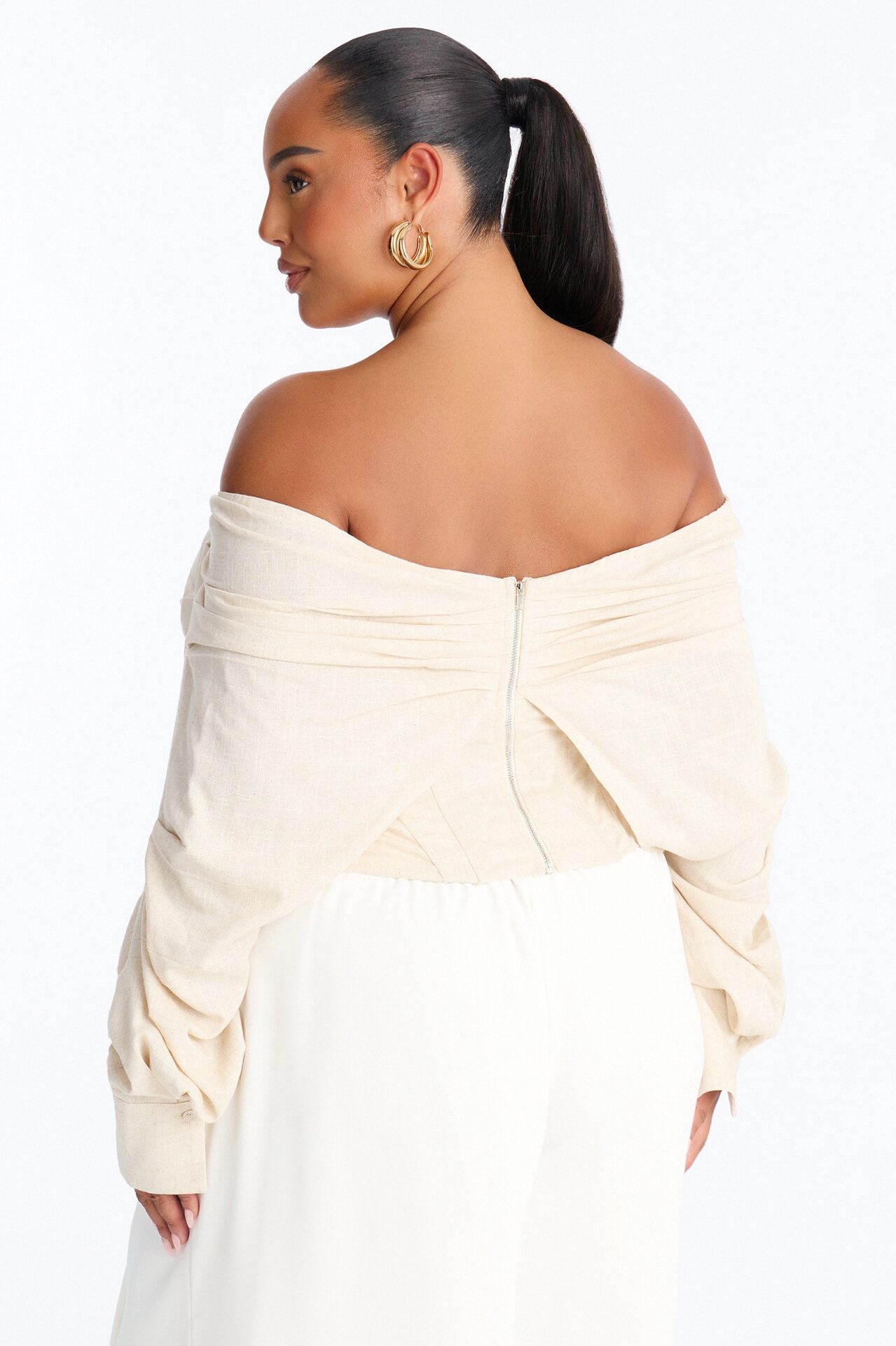 Her Era Off Shoulder Lace Up Linen Corset - Beige