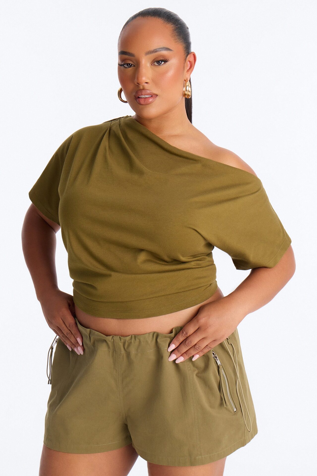 City Lounge Off Shoulder Short Sleeve T-Shirt - Olive