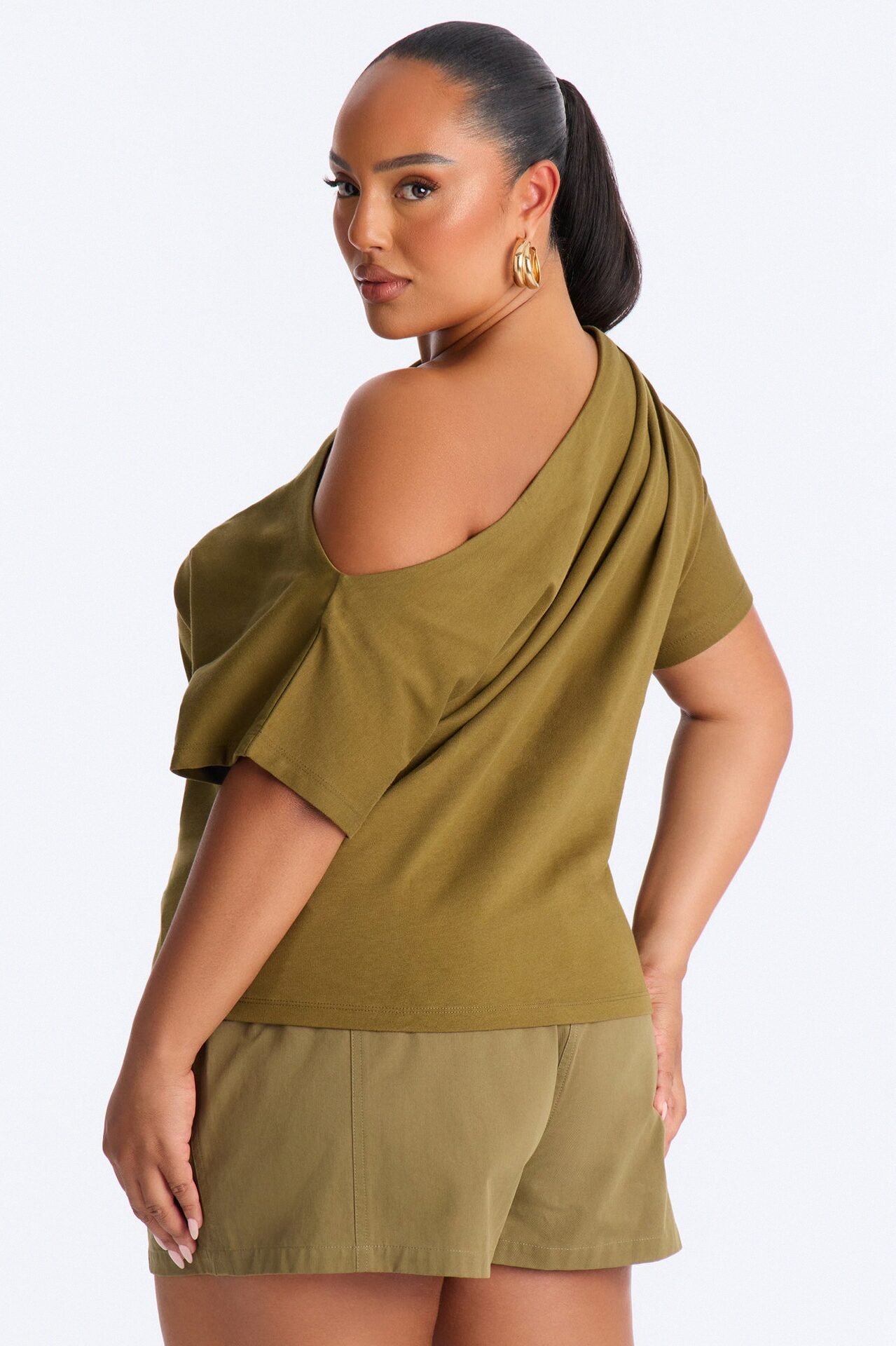 City Lounge Off Shoulder Short Sleeve T-Shirt - Olive
