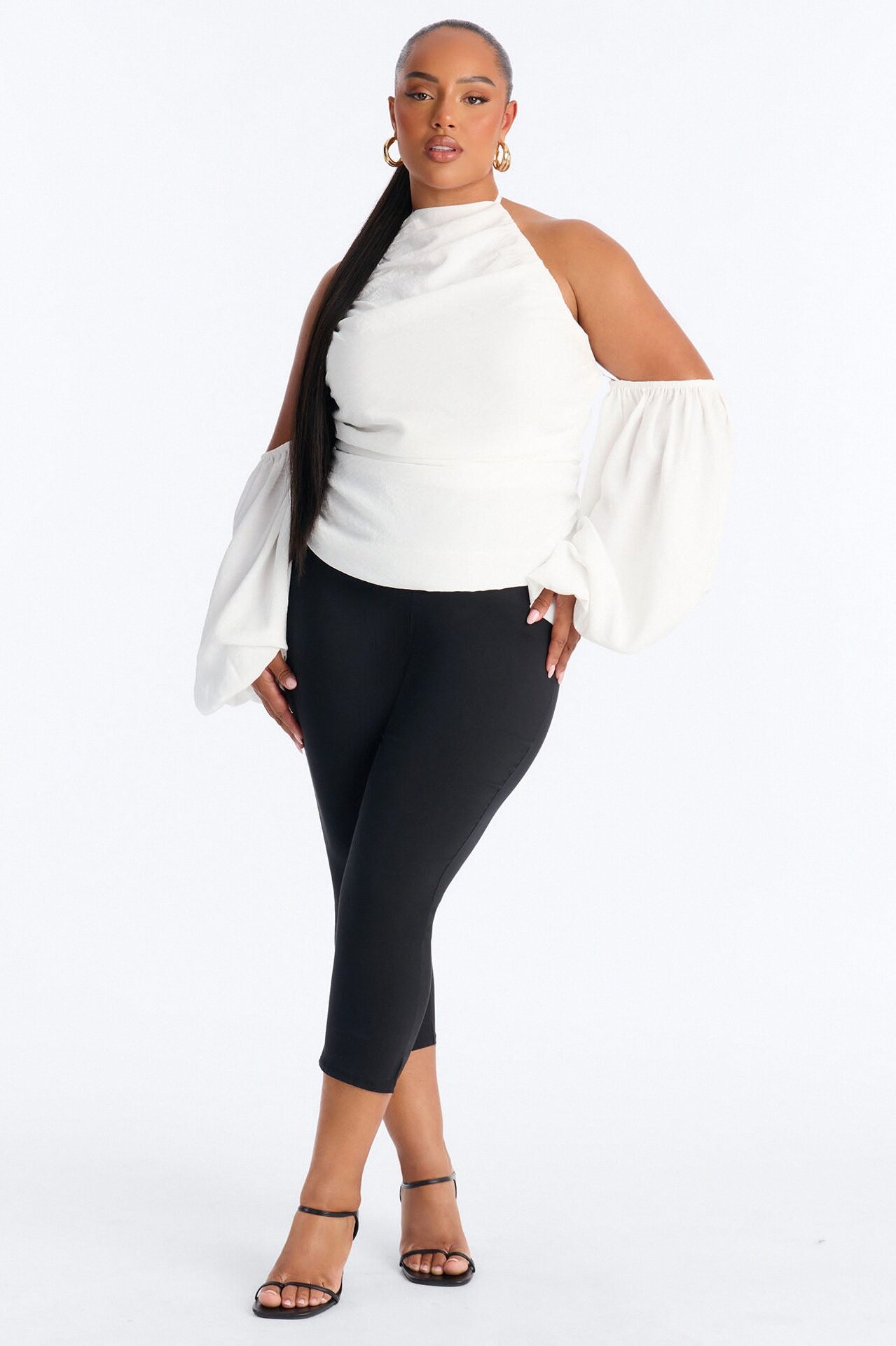 Too Cute To Care Long Sleeve Ruched Airflow Halter Top - White