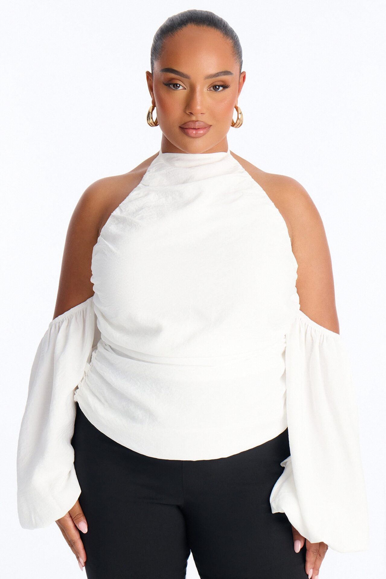 Too Cute To Care Long Sleeve Ruched Airflow Halter Top - White