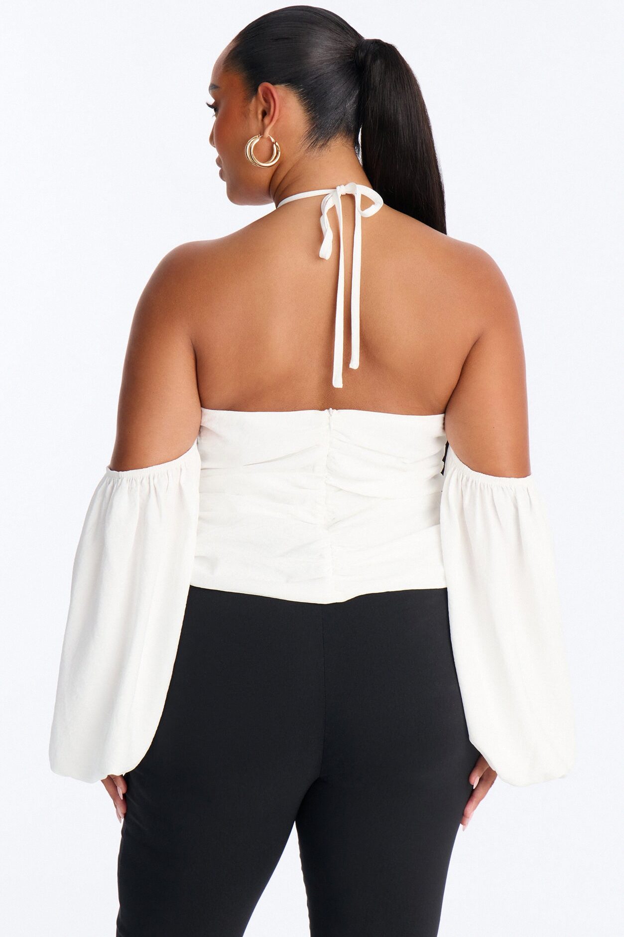 Too Cute To Care Long Sleeve Ruched Airflow Halter Top - White