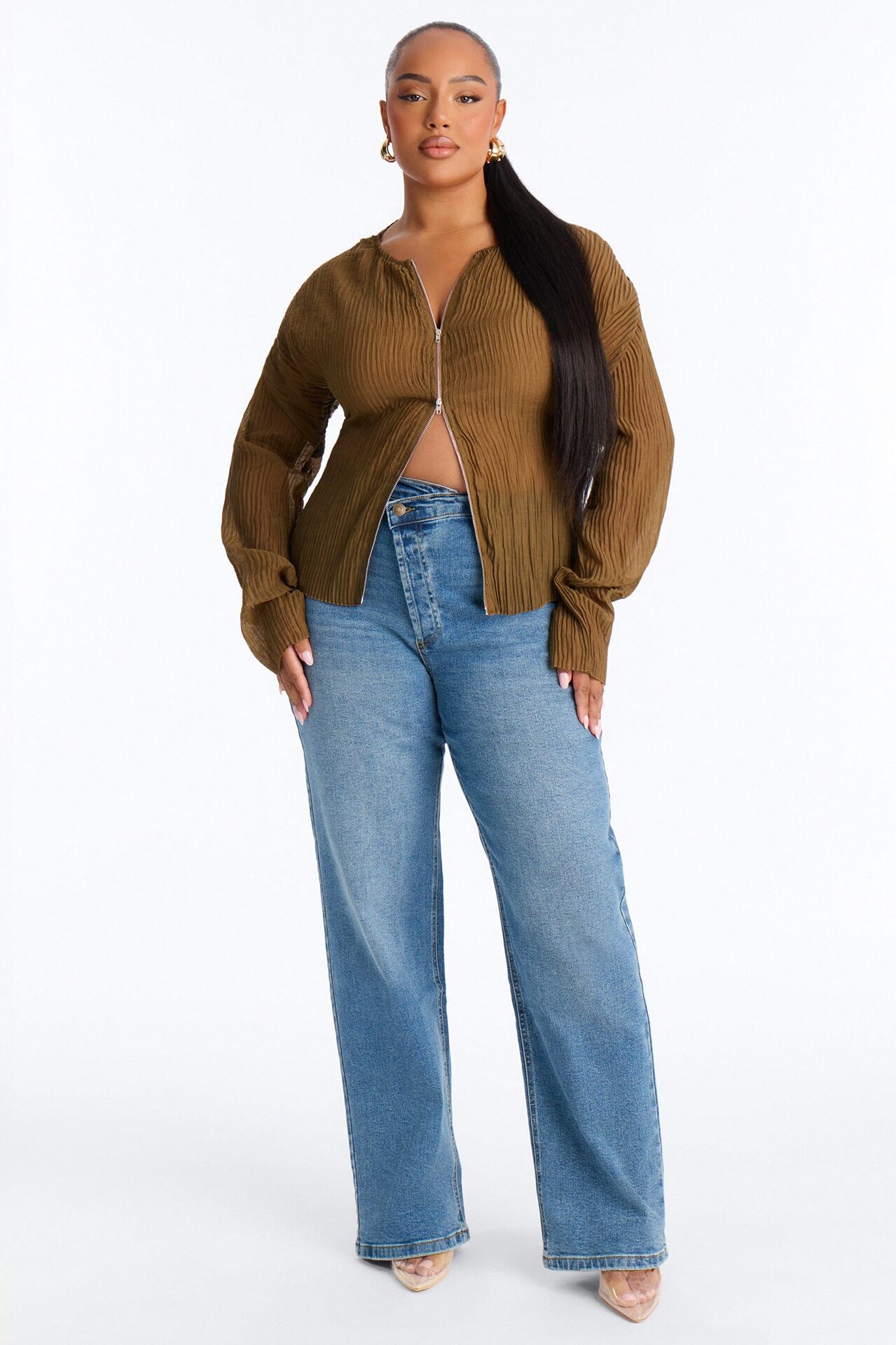 Kasey Front Zip Plisse Top - Olive