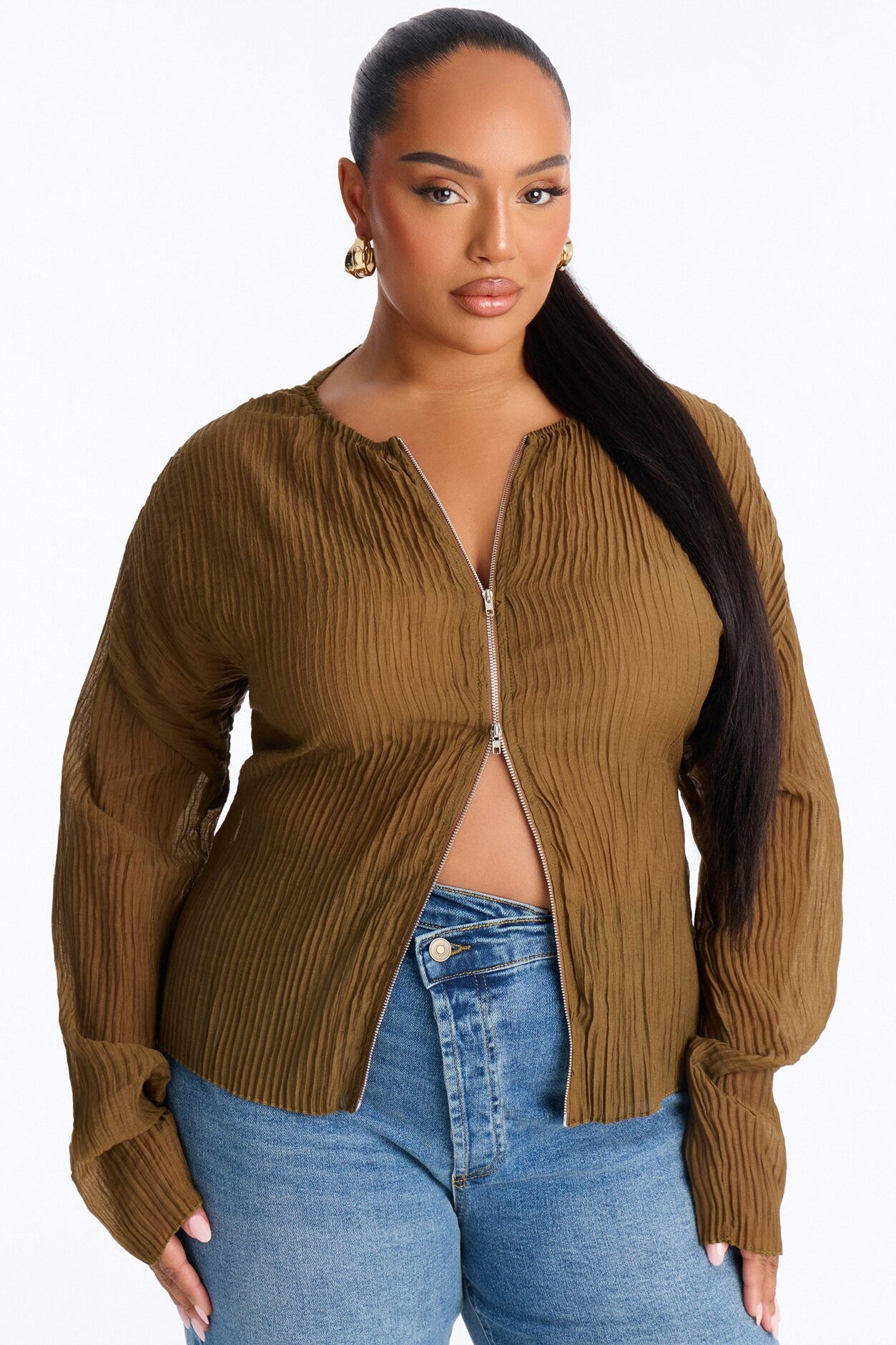 Kasey Front Zip Plisse Top - Olive