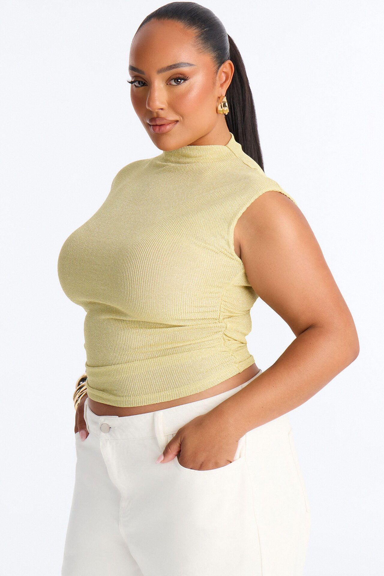 Sunlit Dream Mock Neck Metallic Knit Sleeveless Top - Yellow