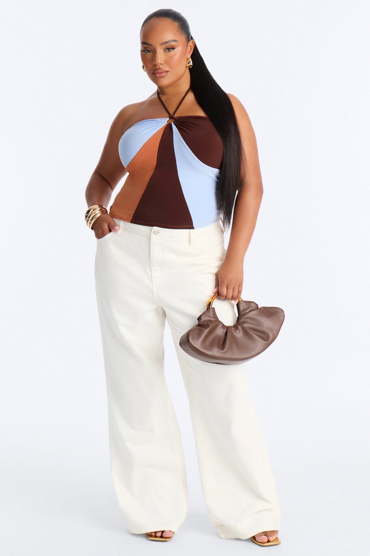 Weekend Fun Hardware Halter Top - Brown/combo