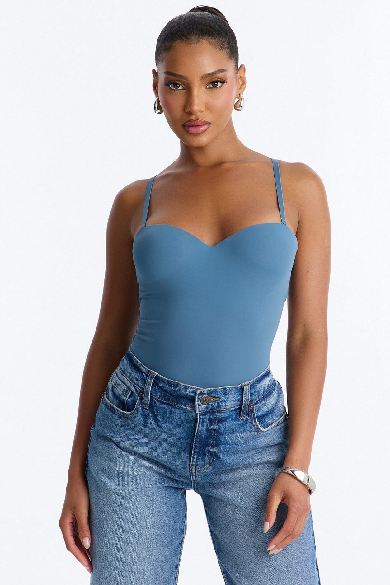 Josie Padded Sweetheart Neck Spaghetti Strap Bodysuit - Midnight Blue