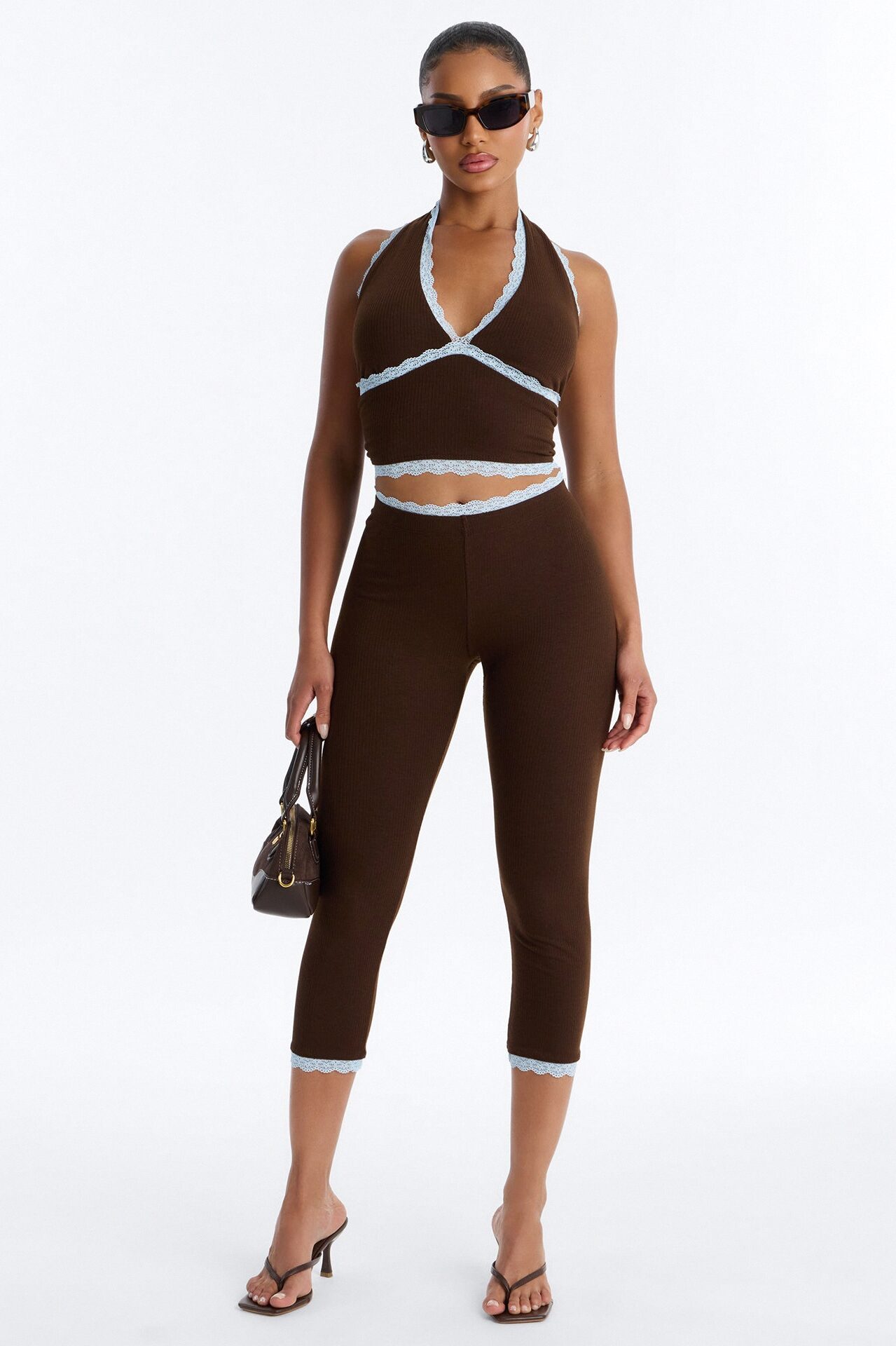 Your's Truly Halter Laced Ribbed Capri Set - Chocolate/Combo