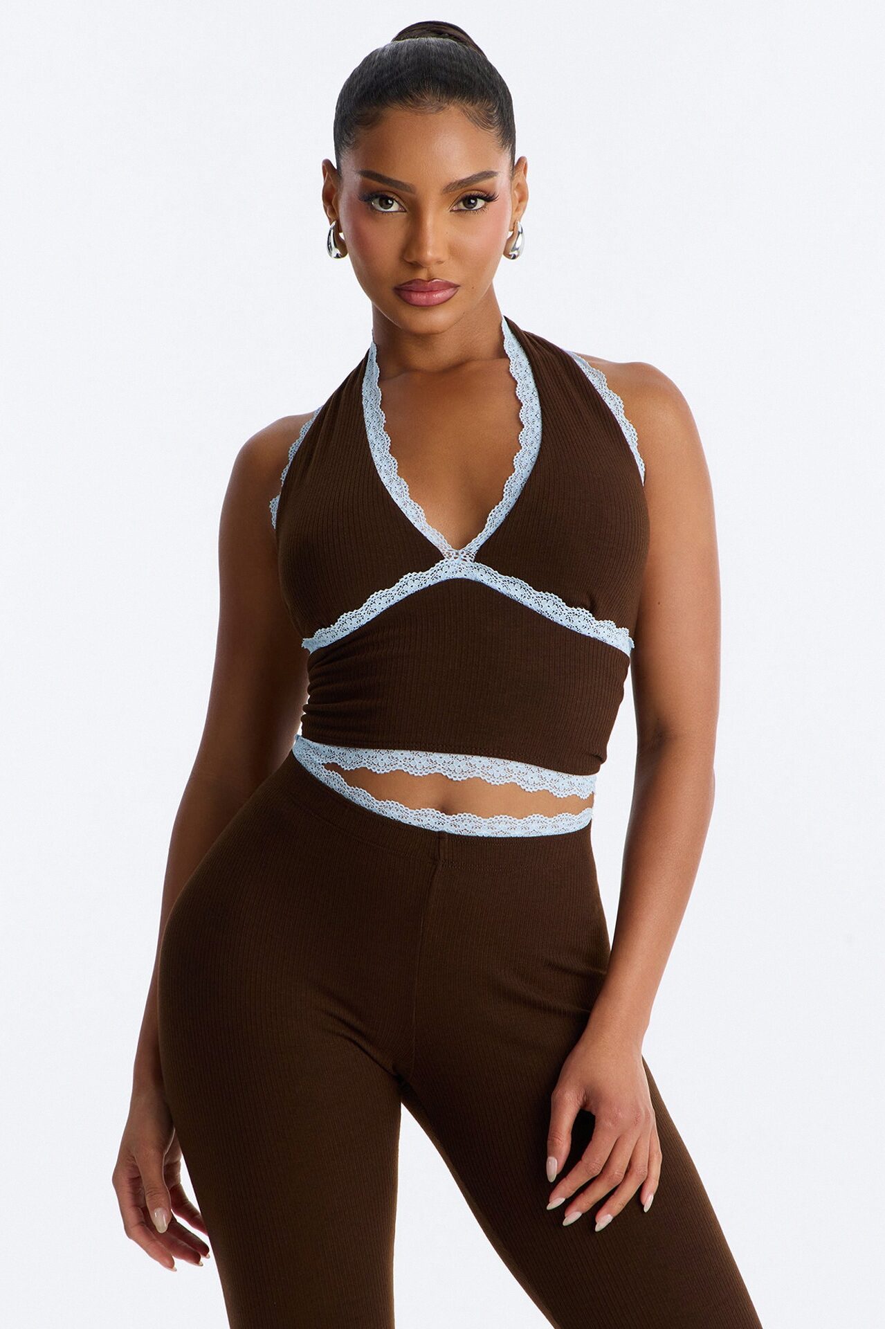 Your's Truly Halter Laced Ribbed Capri Set - Chocolate/Combo