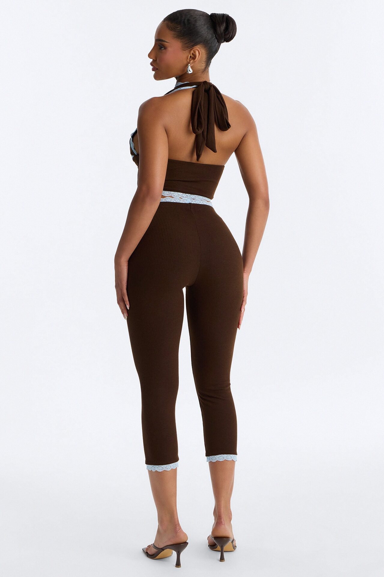 Your's Truly Halter Laced Ribbed Capri Set - Chocolate/Combo