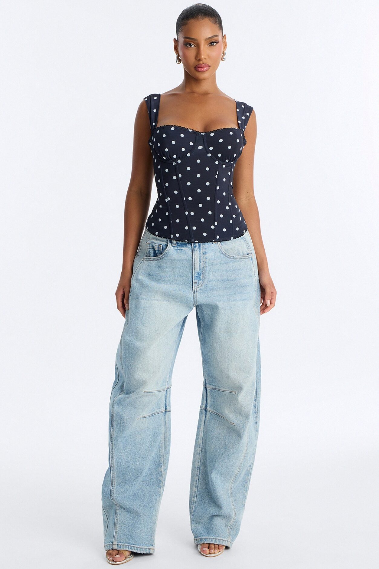 Carina Mesh Square Neck Polka Dot Corset Top - Black/combo
