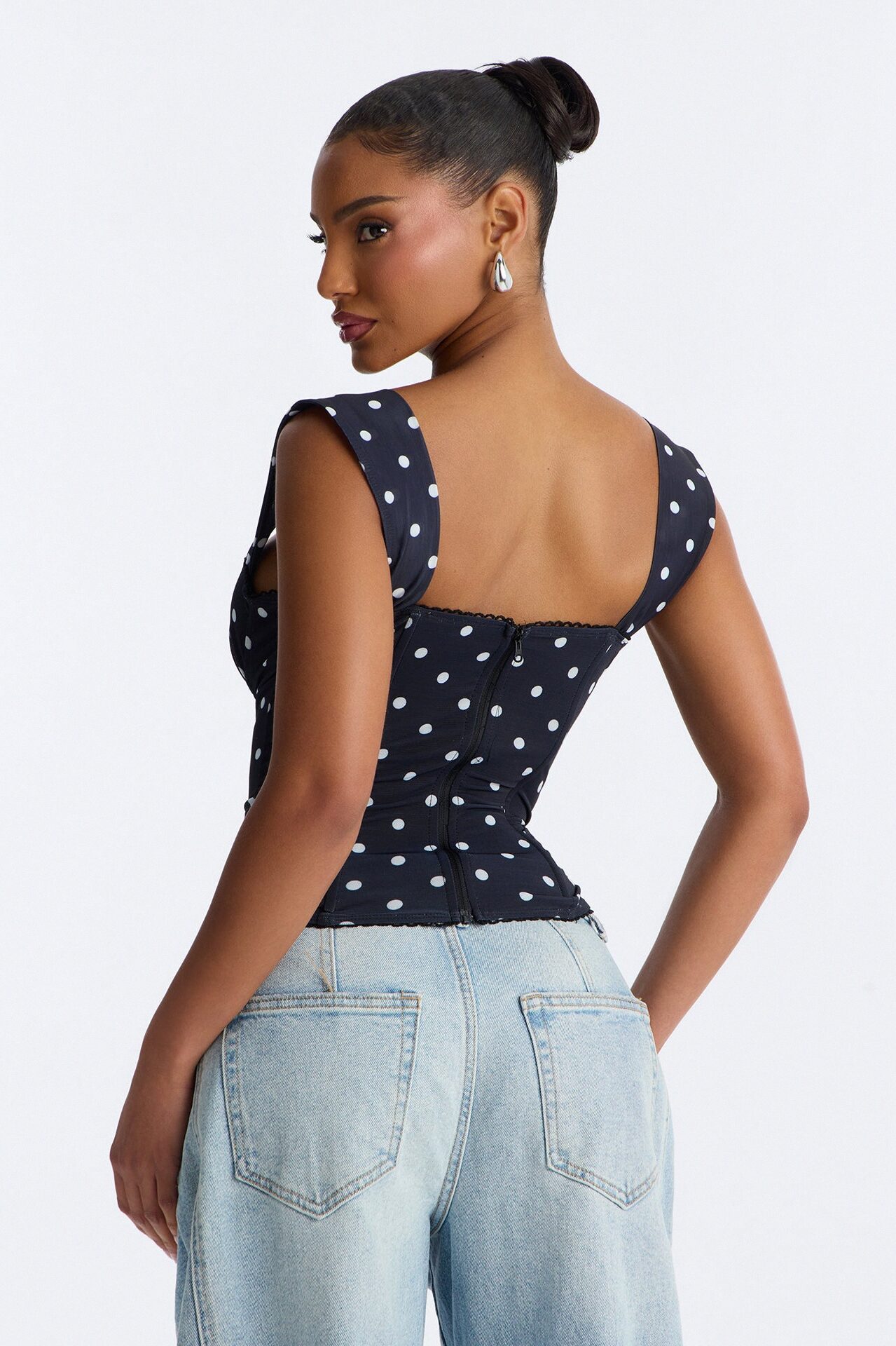 Carina Mesh Square Neck Polka Dot Corset Top - Black/combo