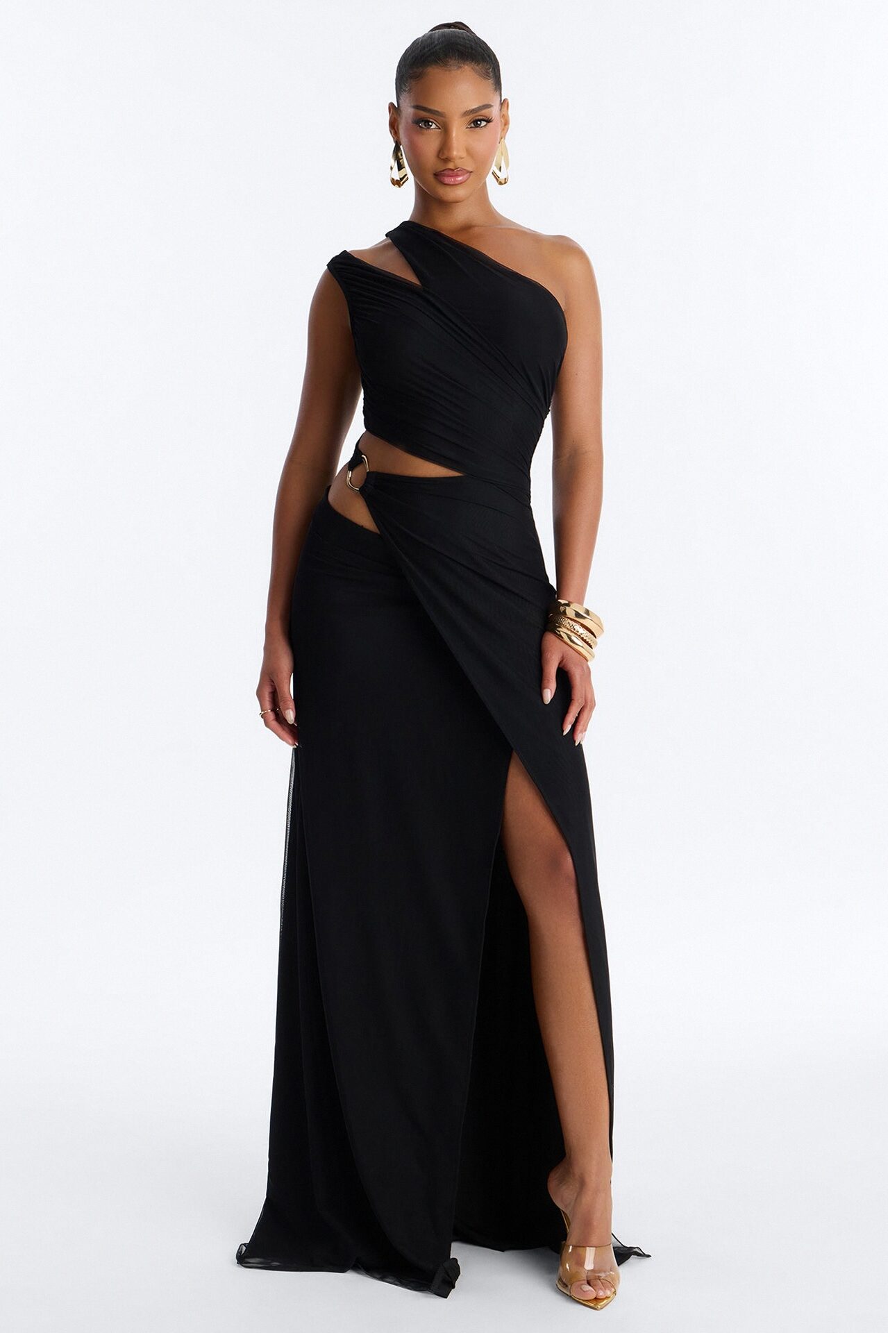 Peyton Ruched Mesh Maxi Dress - Black