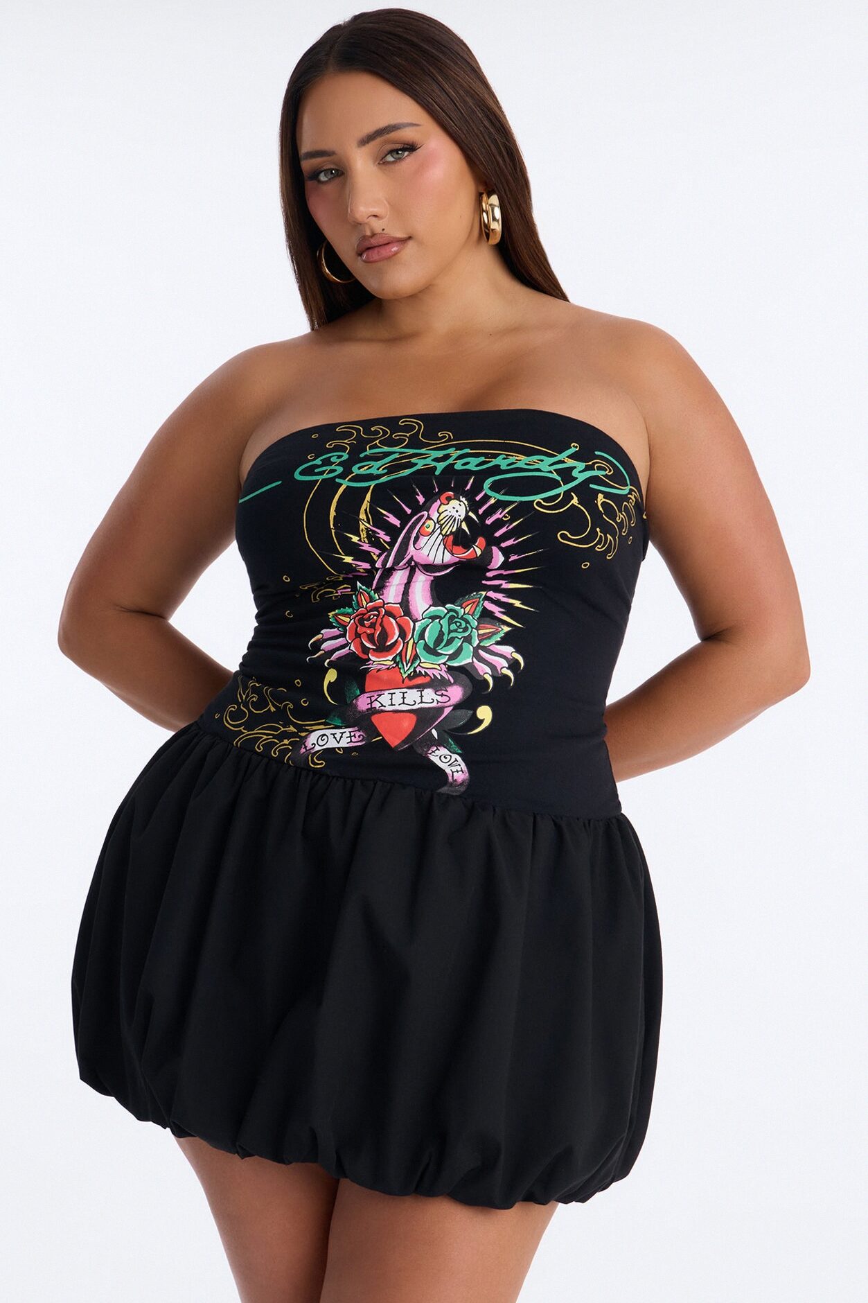 Ed Hardy Eternal Love Bubble Mini Dress - Black