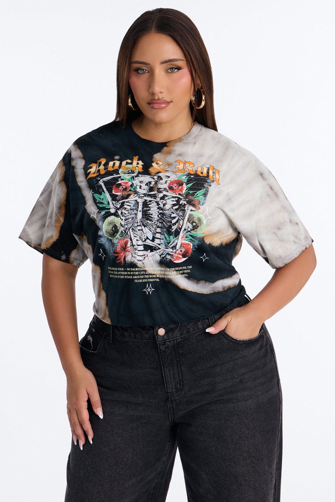 Rock & Roll Bleach Wash Crop Tee - Black Wash