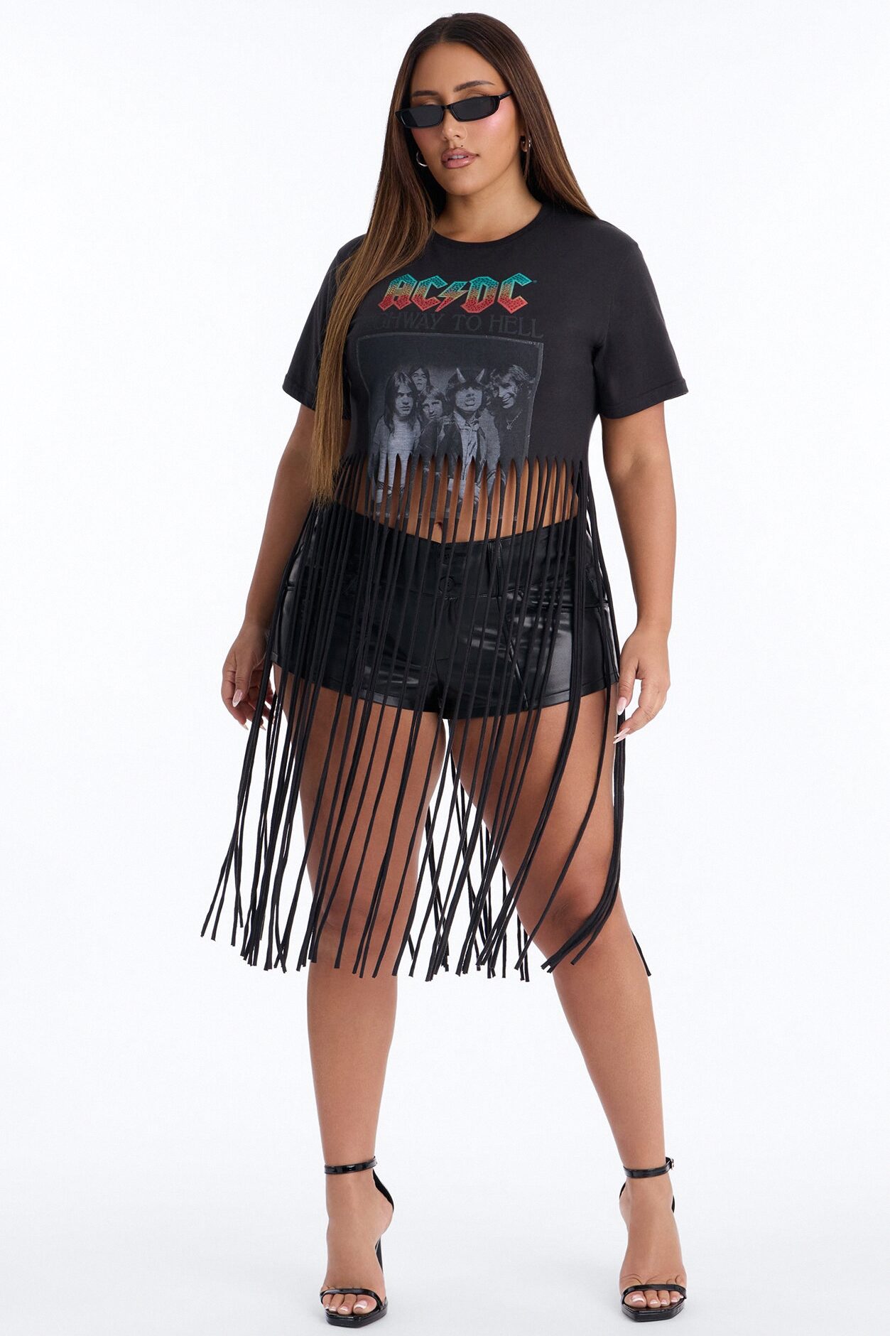 ACDC Highway To Hell Fringe Rhinestone Tee - Black
