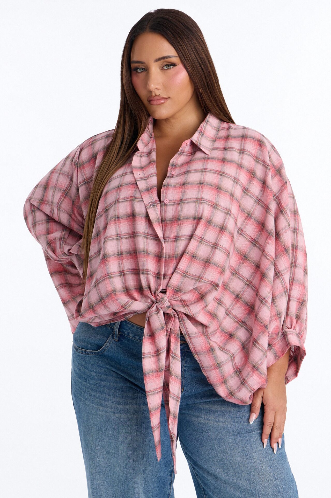 Kimora Tie Front Plaid Linen Shirt - Pink/combo