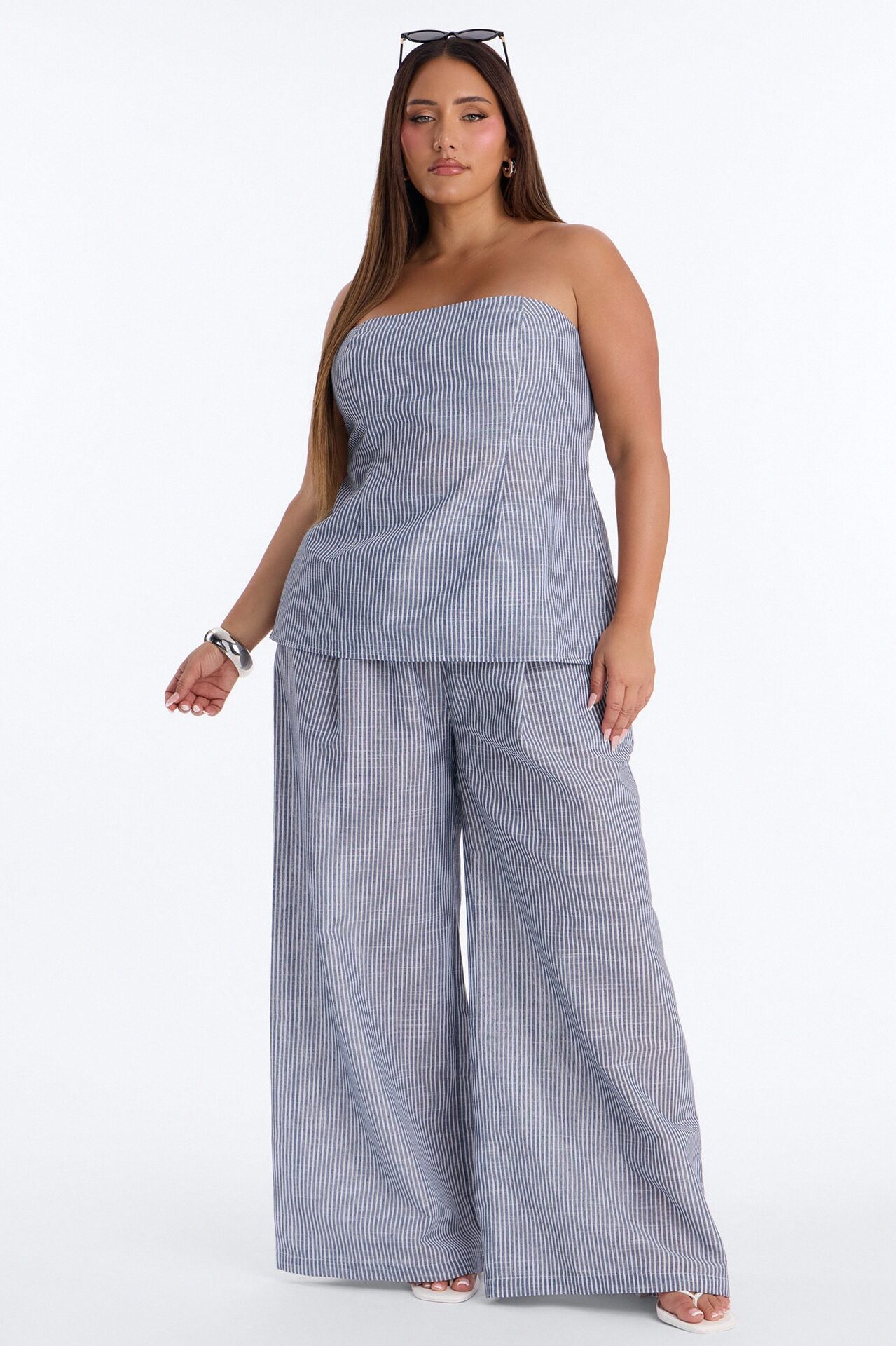 Luella Strapless Striped Linen Pant Set - White/Blue