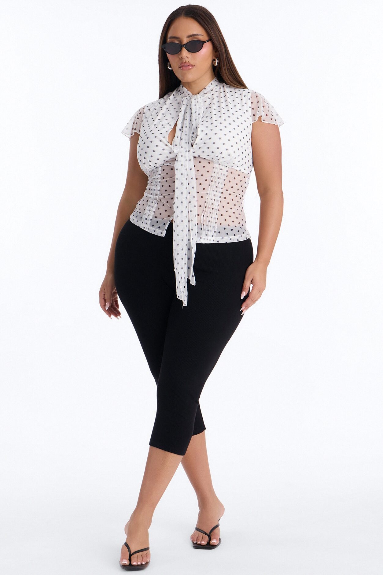 Arabelle Polka Dot Mesh Short Sleeve Top - White/Black