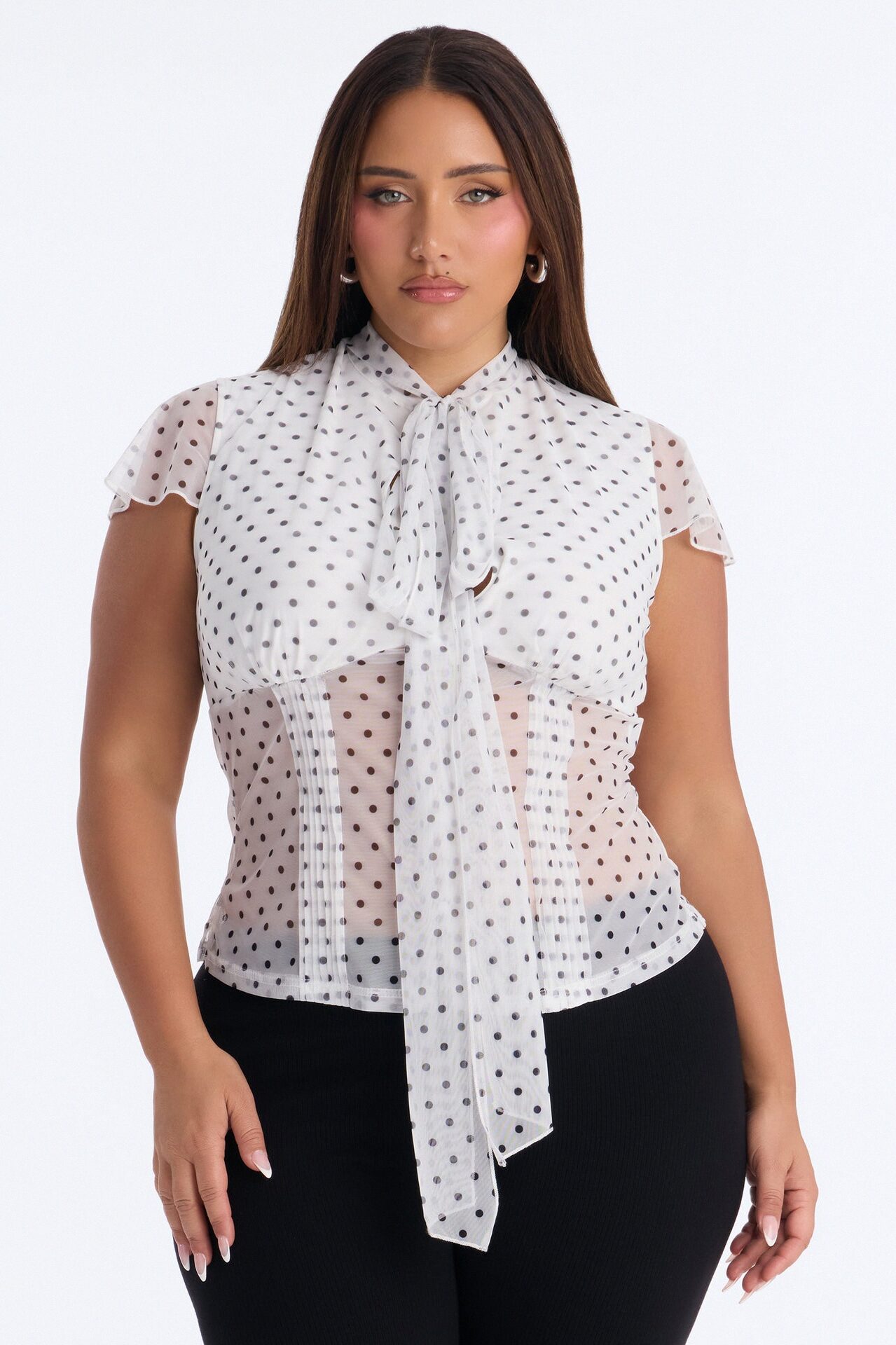 Arabelle Polka Dot Mesh Short Sleeve Top - White/Black