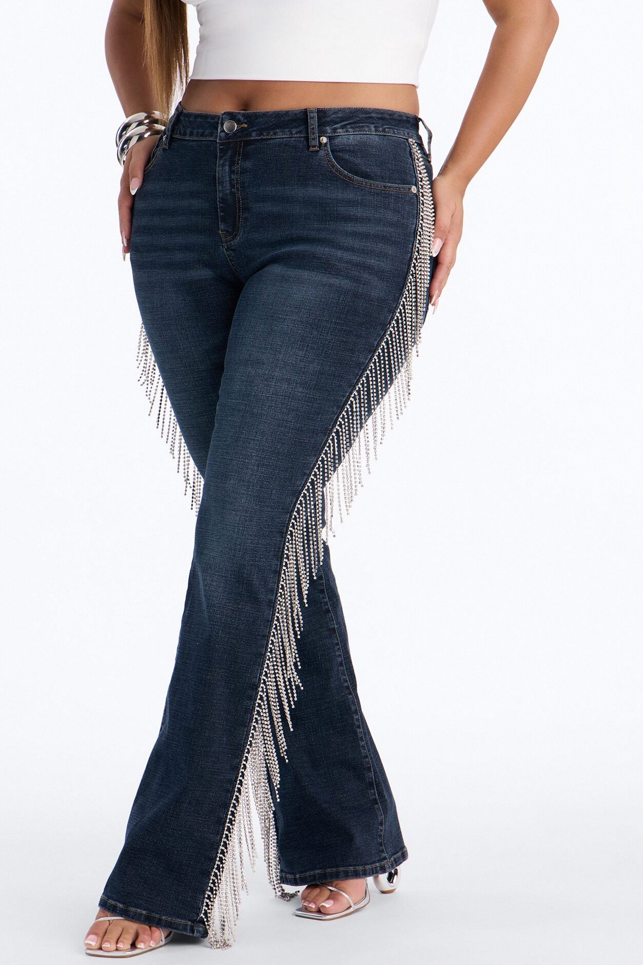 Cosmic Cowgirl Rhinestone Fringe Bootcut Jeans - Dark Wash