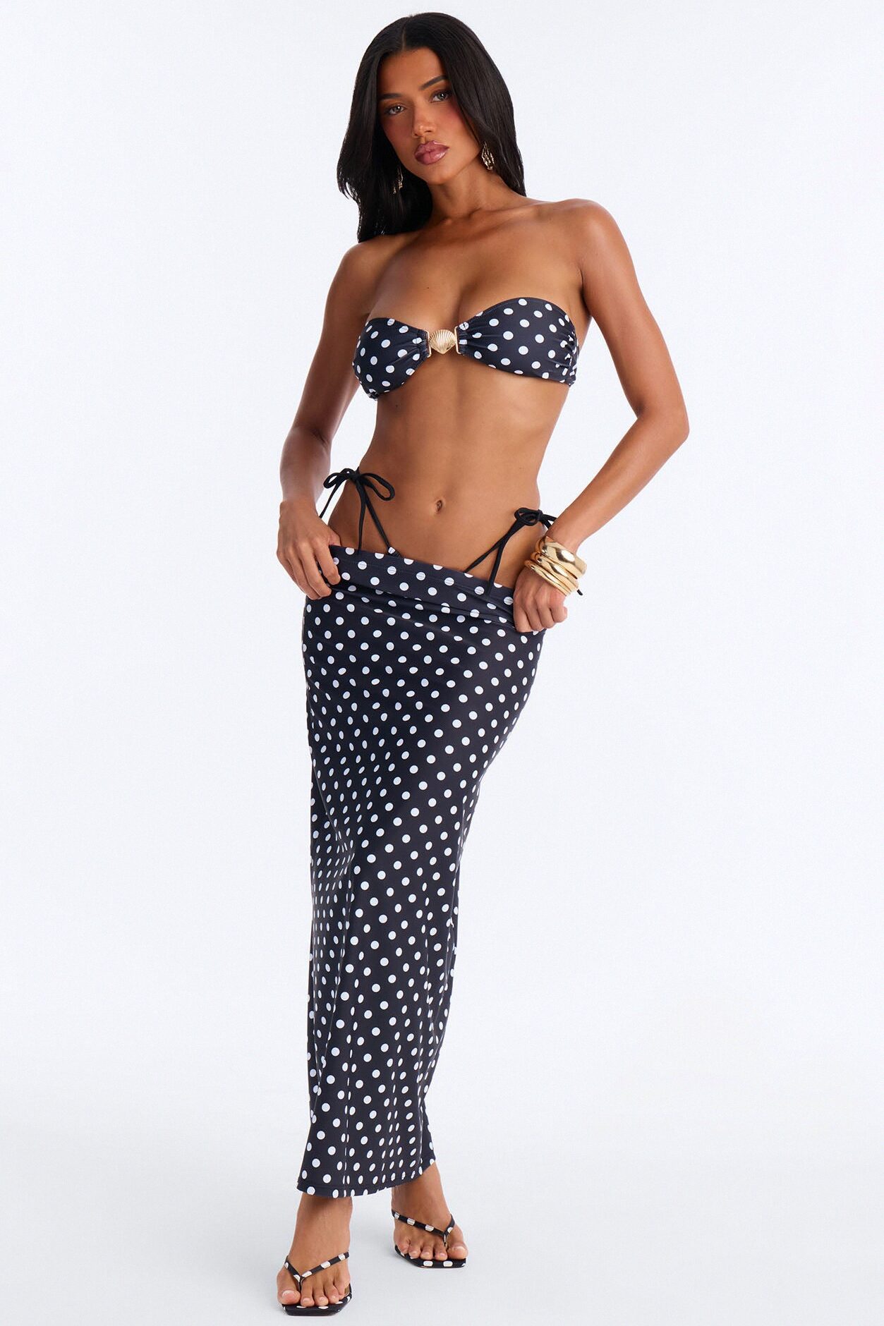 Caribbean Crush Polka Dot Hardware Sheer 3 Piece Bikini Skirt Set - Black/White