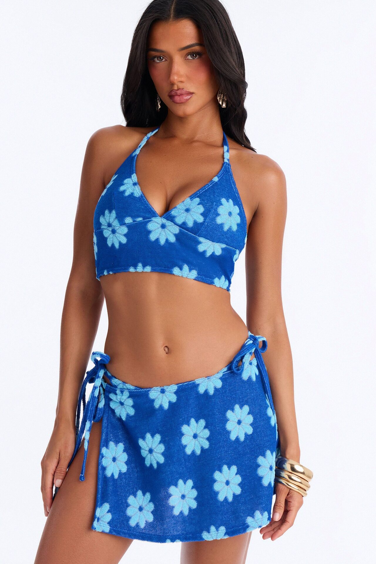 Janie Flower Terry 3 Piece Bikini & Skirt Set - Blue/combo