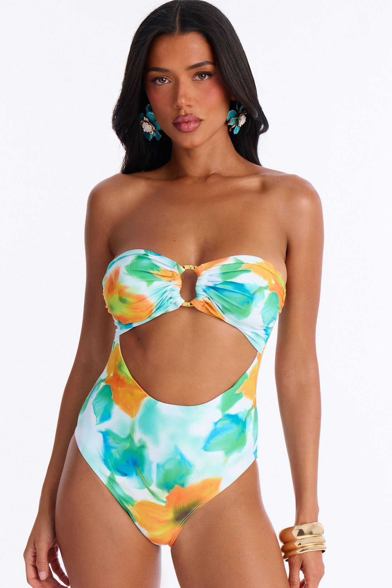 Island Shore Hardware Strapless Scoop Neck Boyshort 3 Piece Bikini Top Set - Green/combo