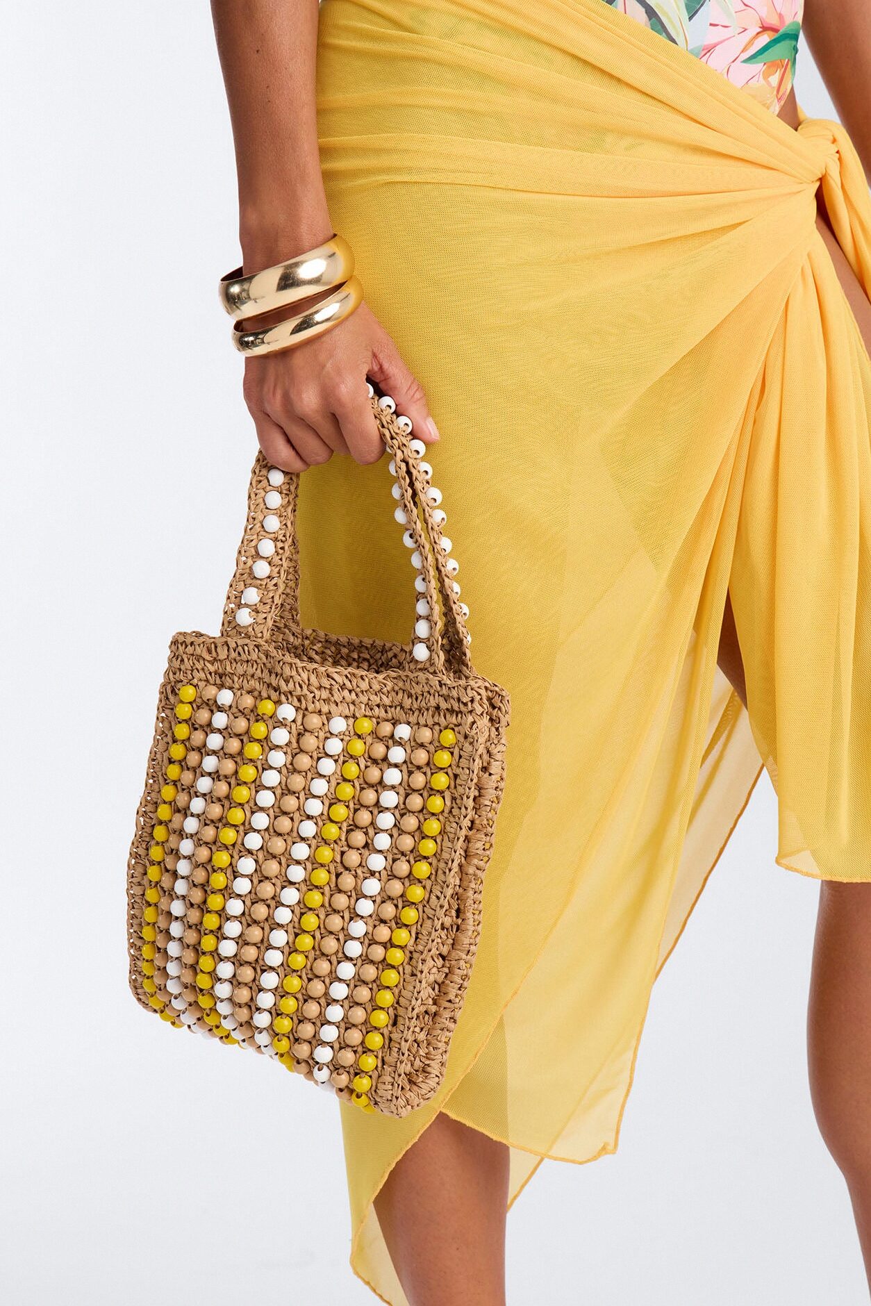 Vacation Time Straw Beaded Satchel Handbag - Yellow/combo