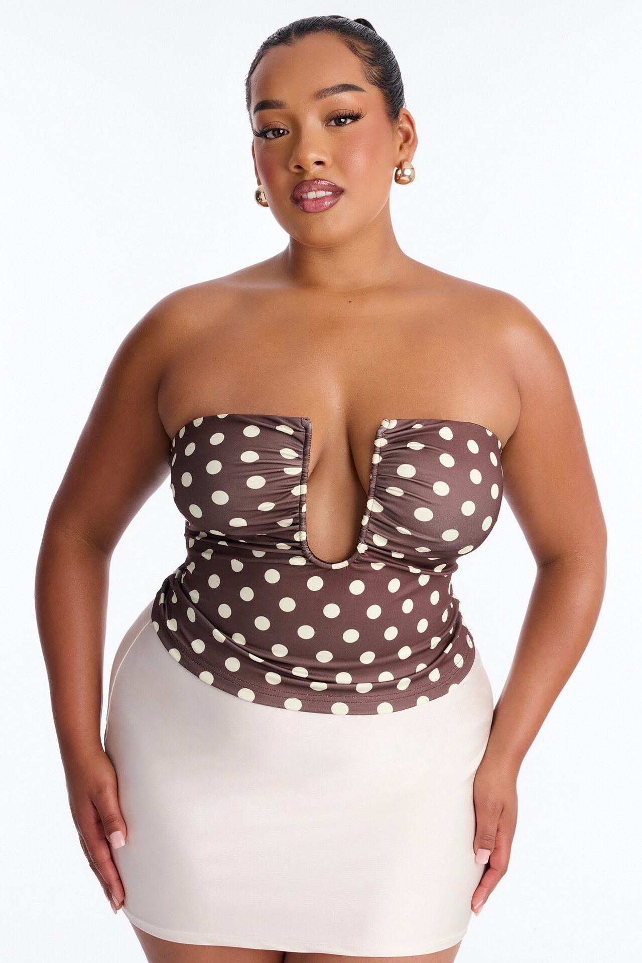 Bonnie Polka Dot Plunge Neck Strapless Top - Brown/combo