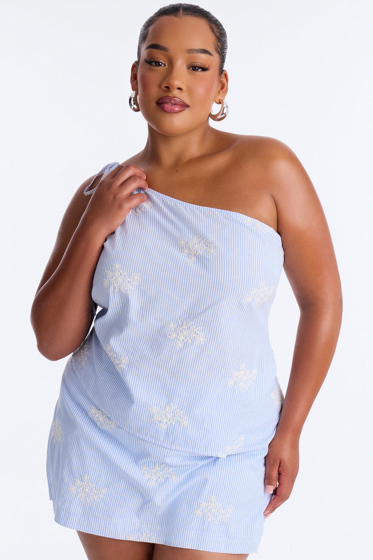 Mia Embroidered Striped Skort Set - White/Blue