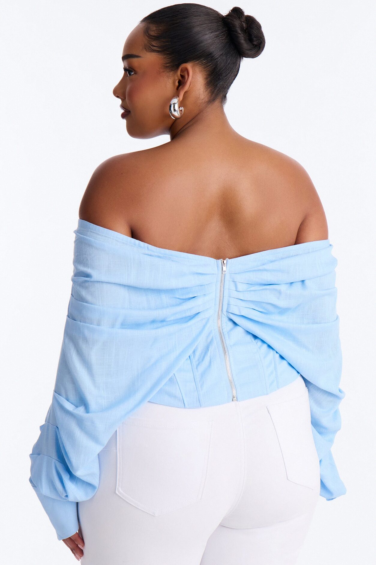 Her Era Off Shoulder Lace Up Linen Corset - Blue