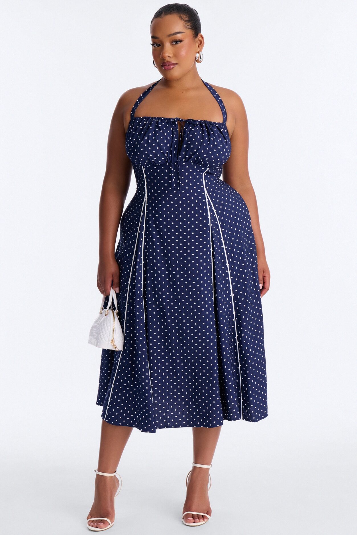 Heidi Polka Dot Linen Midi Dress - Navy/combo