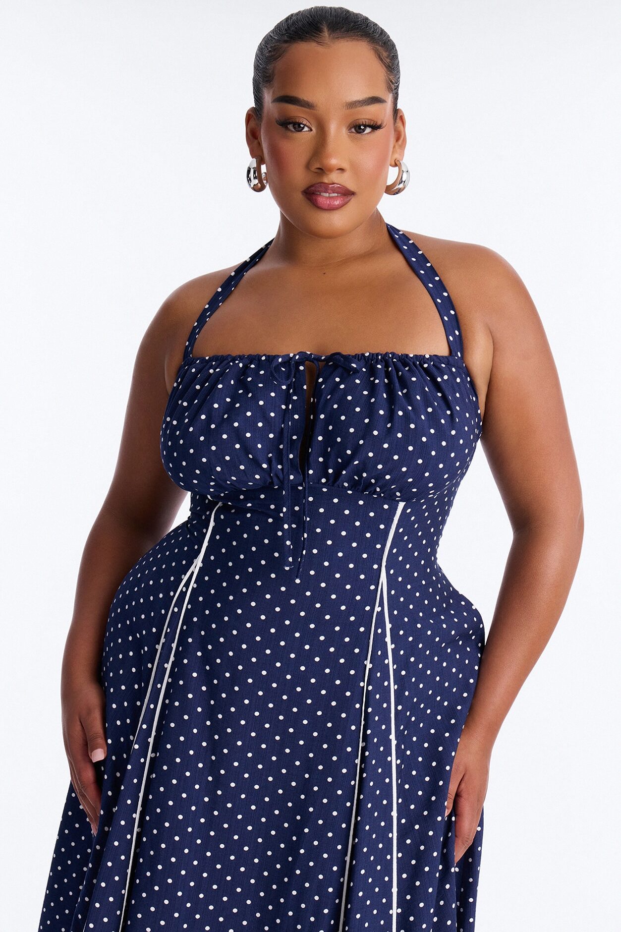 Heidi Polka Dot Linen Midi Dress - Navy/combo