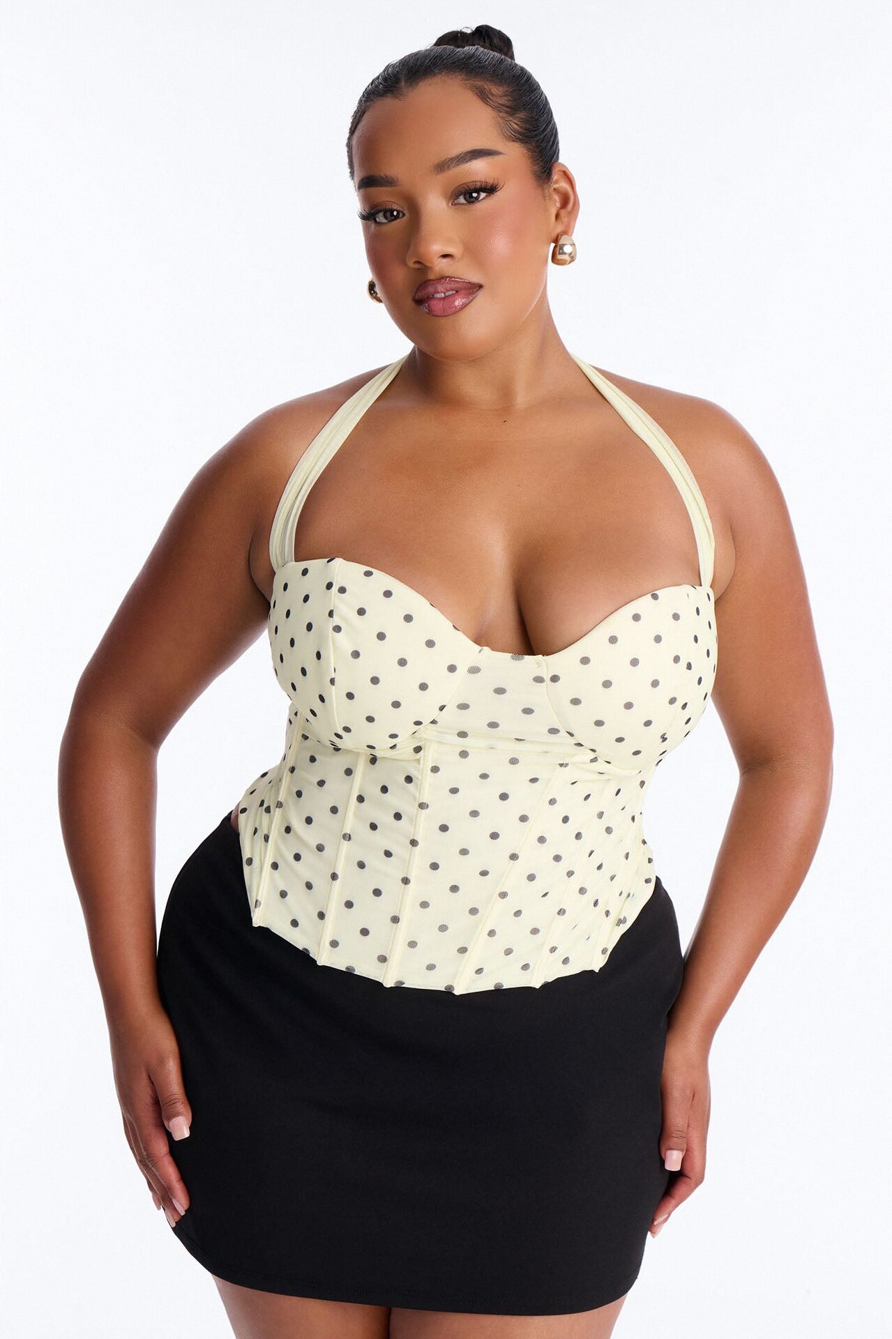 Sabrina Mesh Polka Dot Corset Halter Top - Yellow/combo