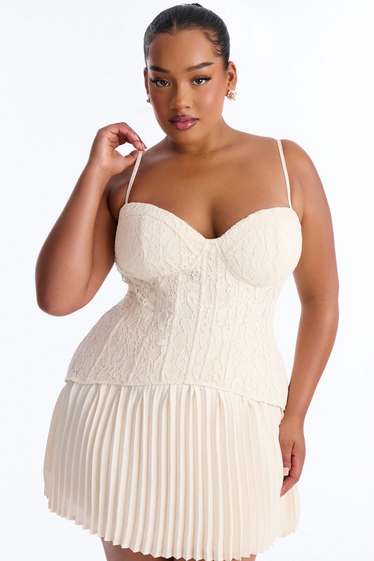 Daniella Lace Corset Pleated Mini Dress - Cream