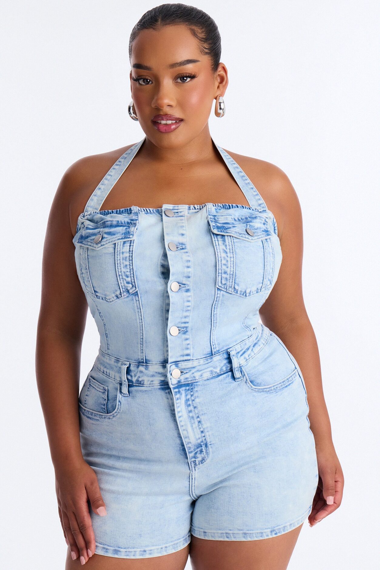 Yara Denim Halter Romper - Light Wash