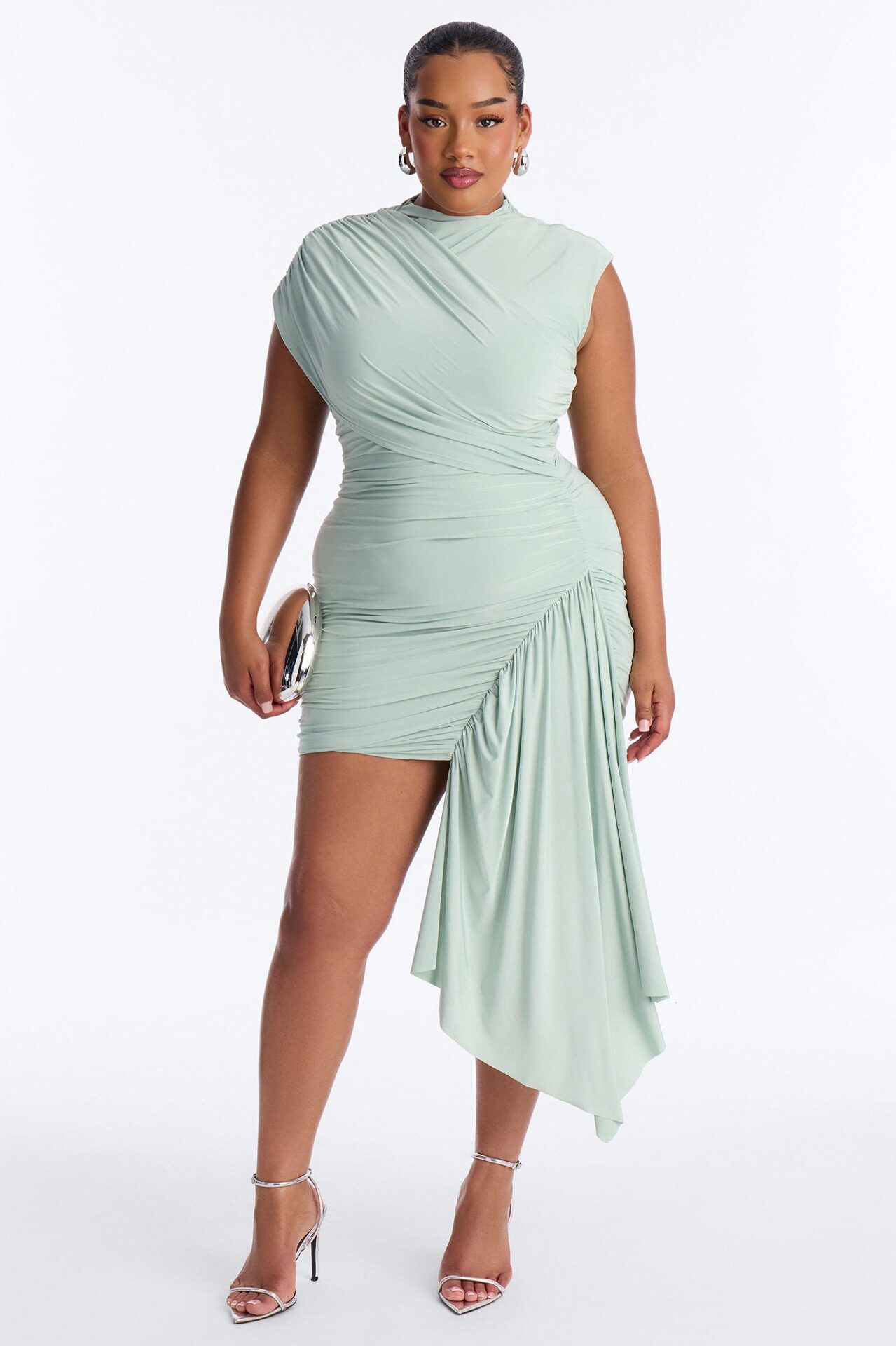 Veronica Ruched Draped Mini Dress - Sage