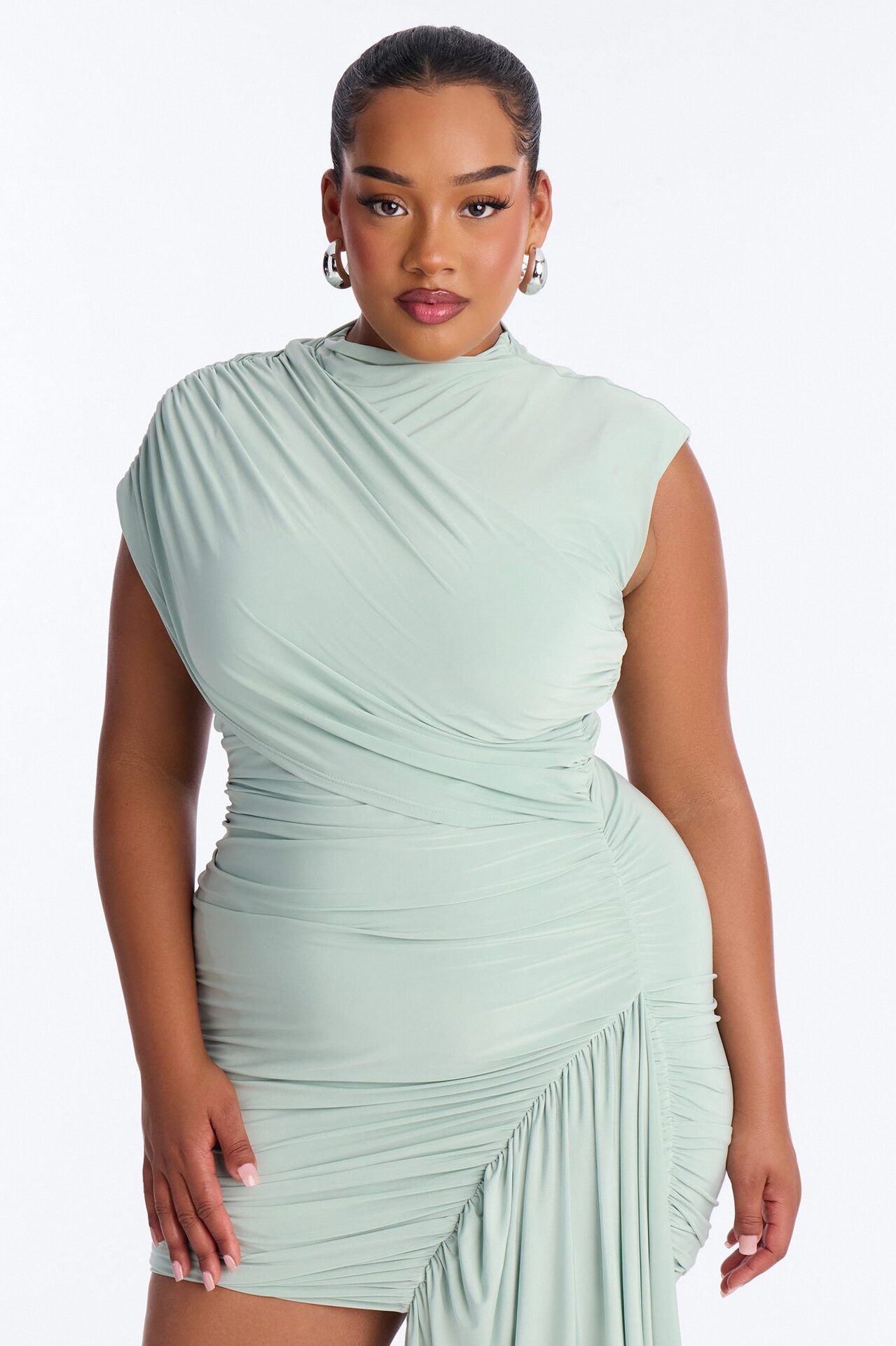Veronica Ruched Draped Mini Dress - Sage