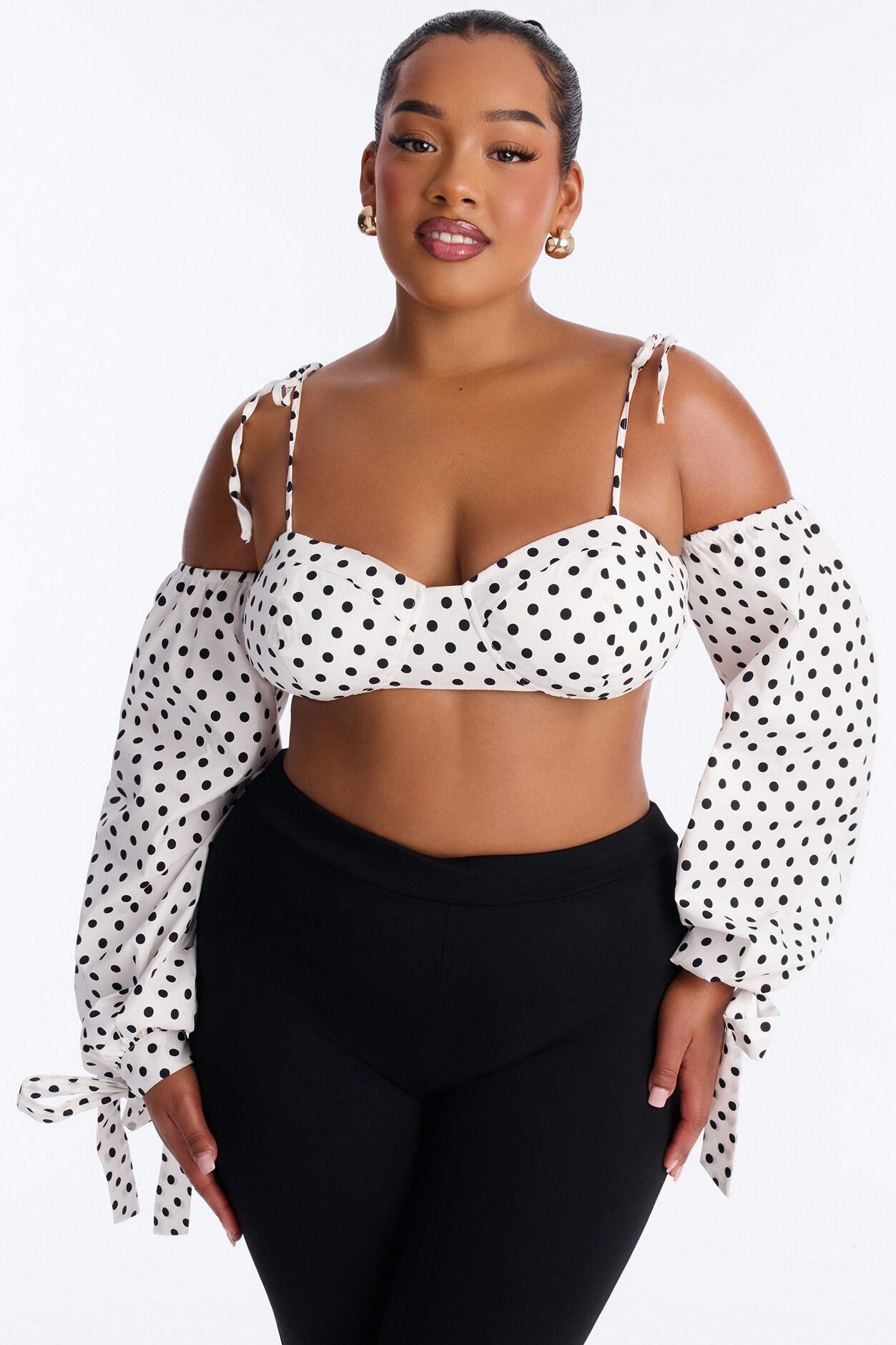 Cool Girl Behavior Polka Dot Long Sleeve Bralette - White/combo