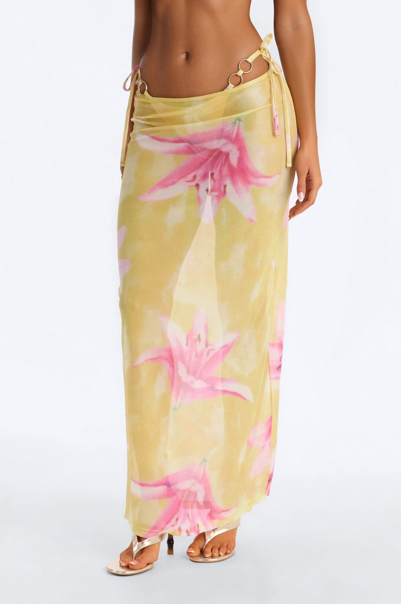 Vicki 3 Piece Floral Triangle Bikini & Mesh Cover Up Maxi Skirt Sunsuit - Yellow