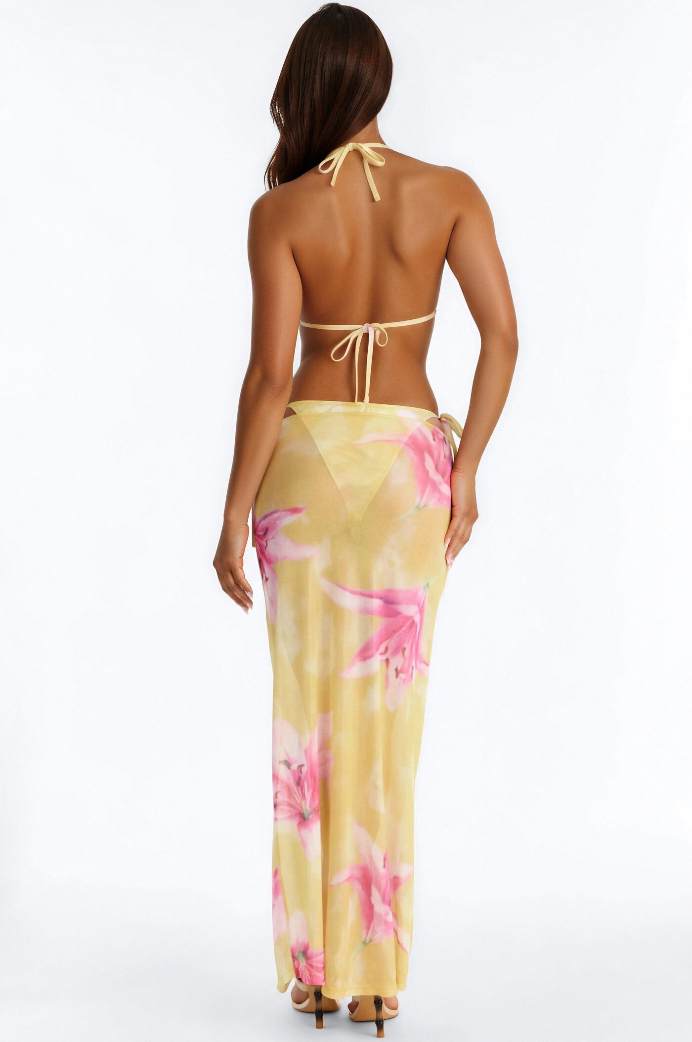 Vicki 3 Piece Floral Triangle Bikini & Mesh Cover Up Maxi Skirt Sunsuit - Yellow