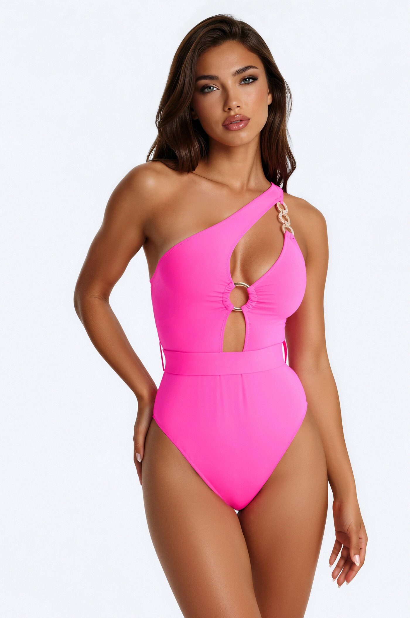 Palm Island 1 Piece Hardware One Shoulder Swimsuit - Hot Pink