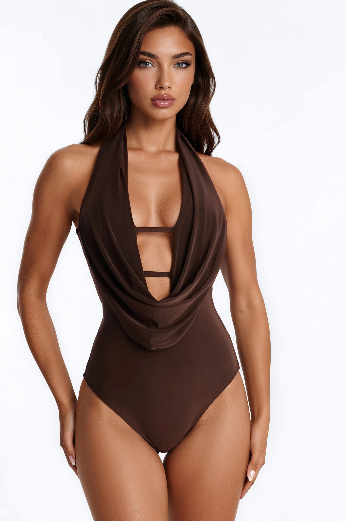 Forever Hot Cowl Neck Halter Bodysuit - Brown