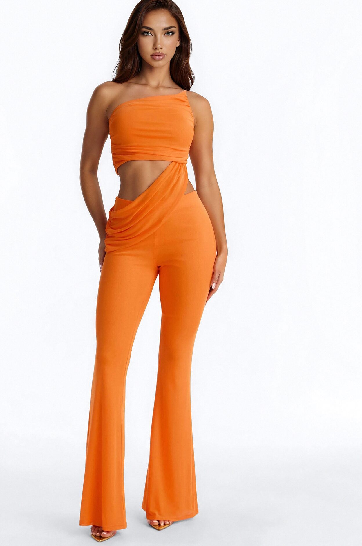 Joelle Draped Mesh Pant Set - Orange