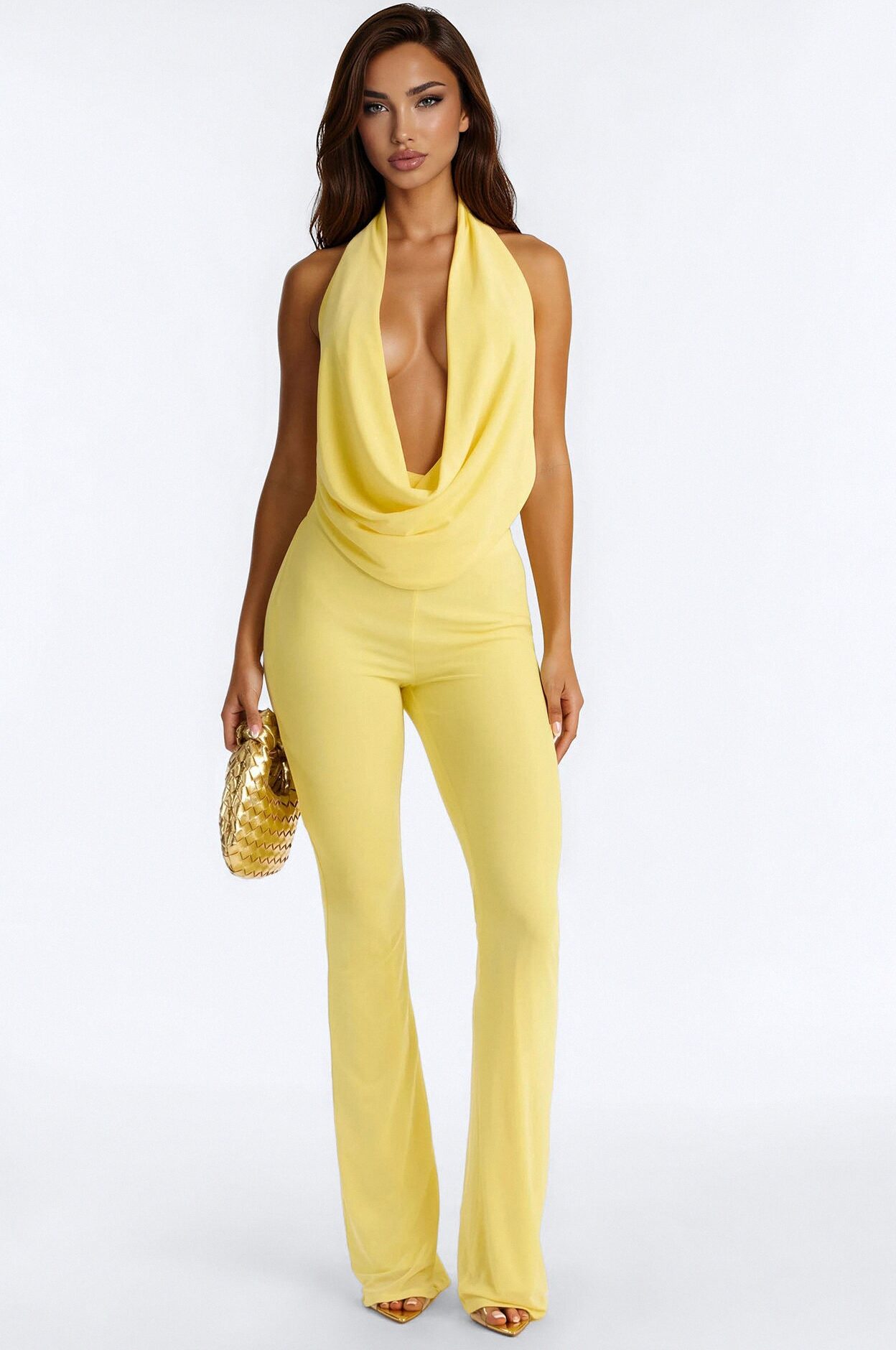 Shayna Cowl Halter Mesh Pant Set - Yellow