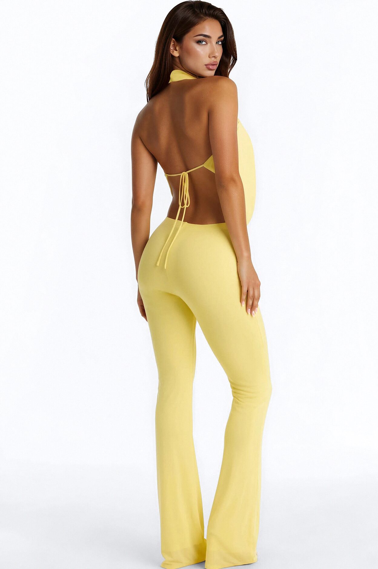Shayna Cowl Halter Mesh Pant Set - Yellow