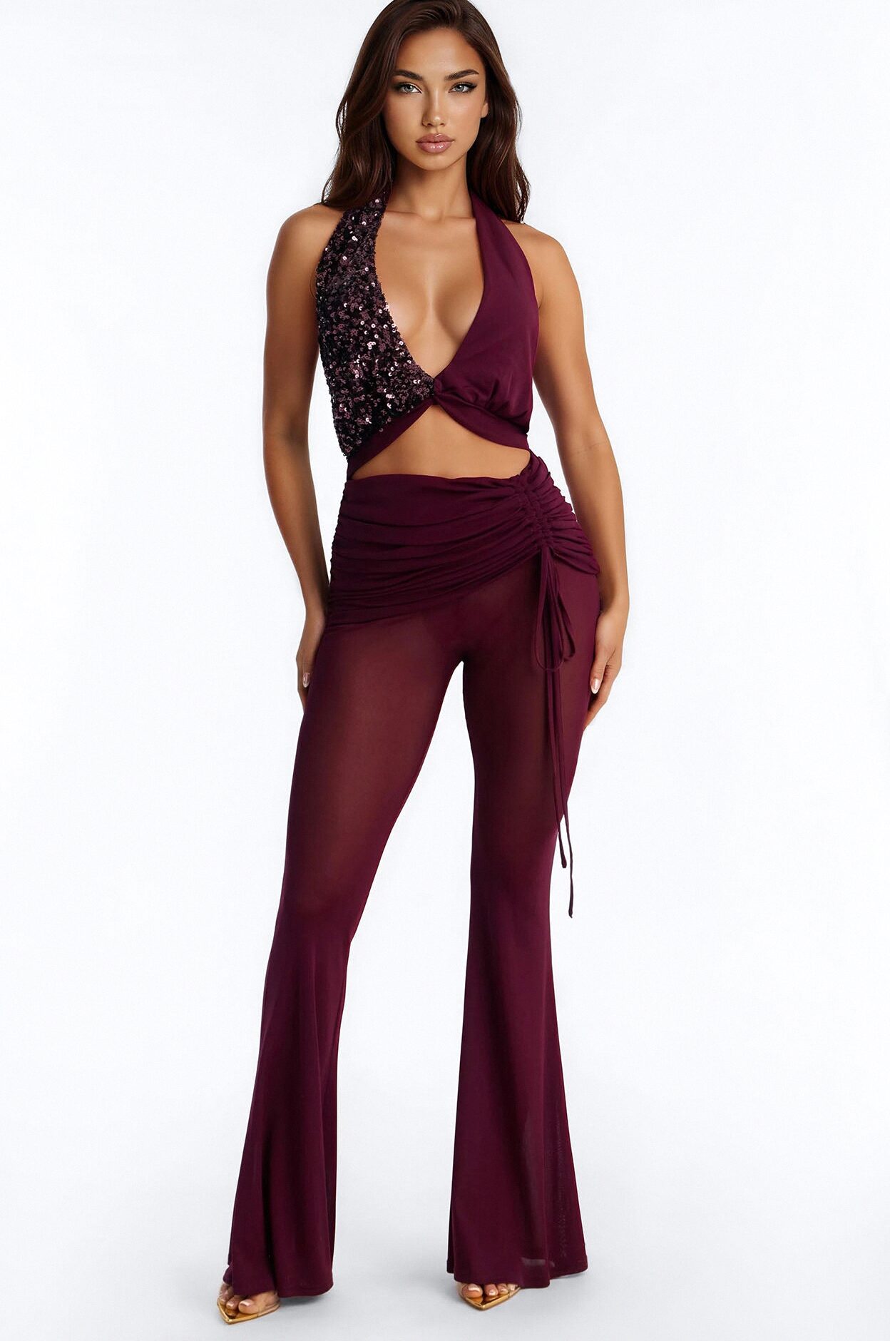 Kami Sequin Flare Jumpsuit - Wine