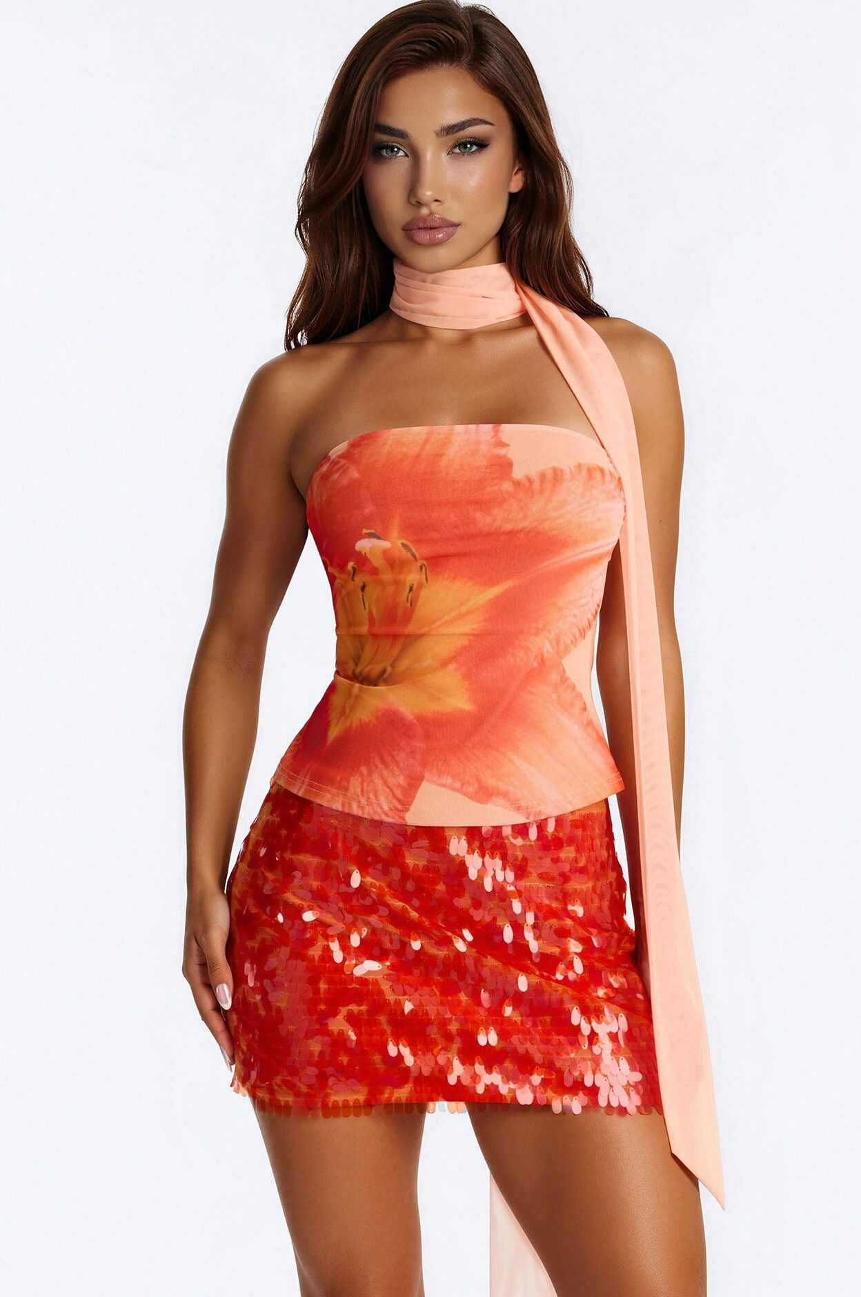 Monique Floral Mesh 2 Piece Tube Top - Orange/combo